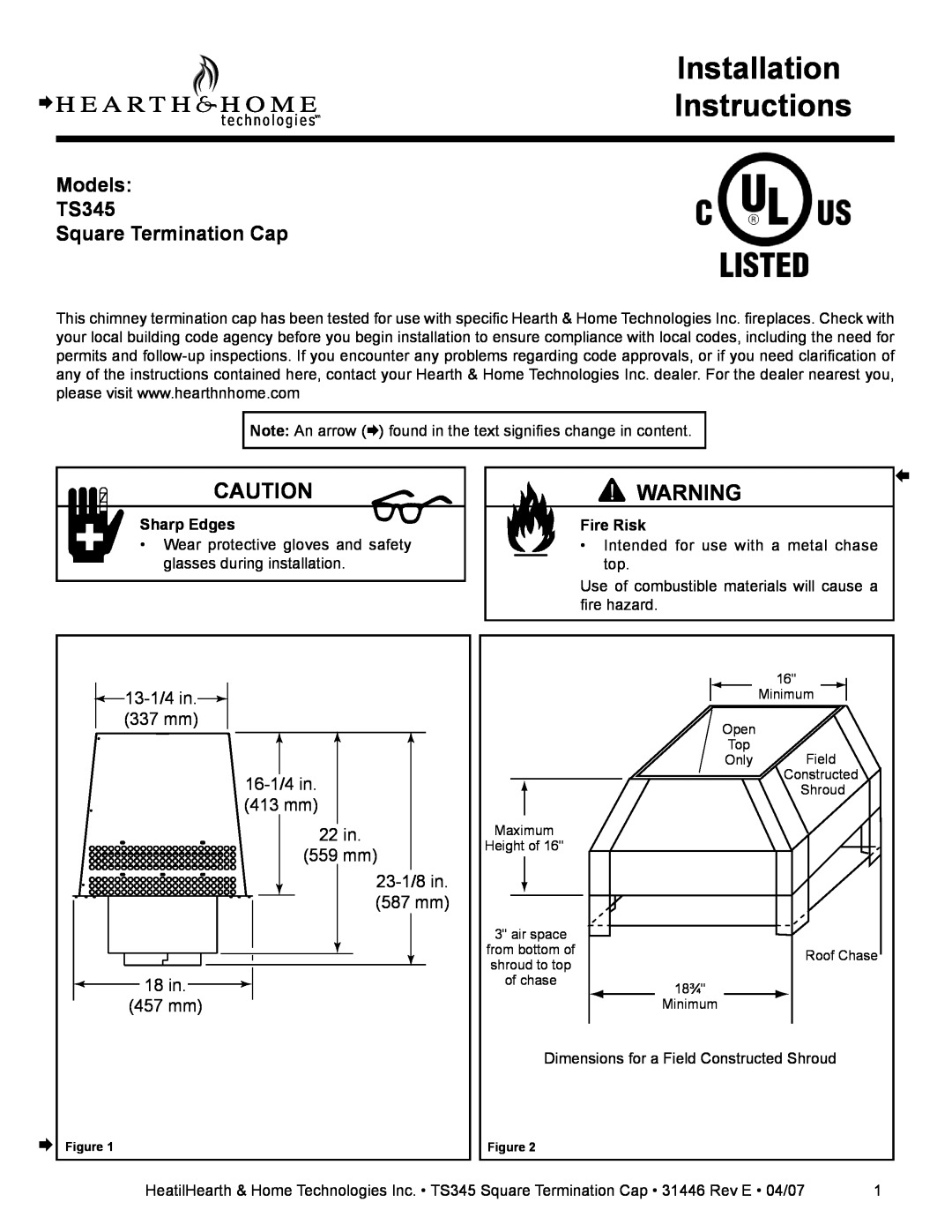 Hearth and Home Technologies TS345 installation instructions Installation Instructions 