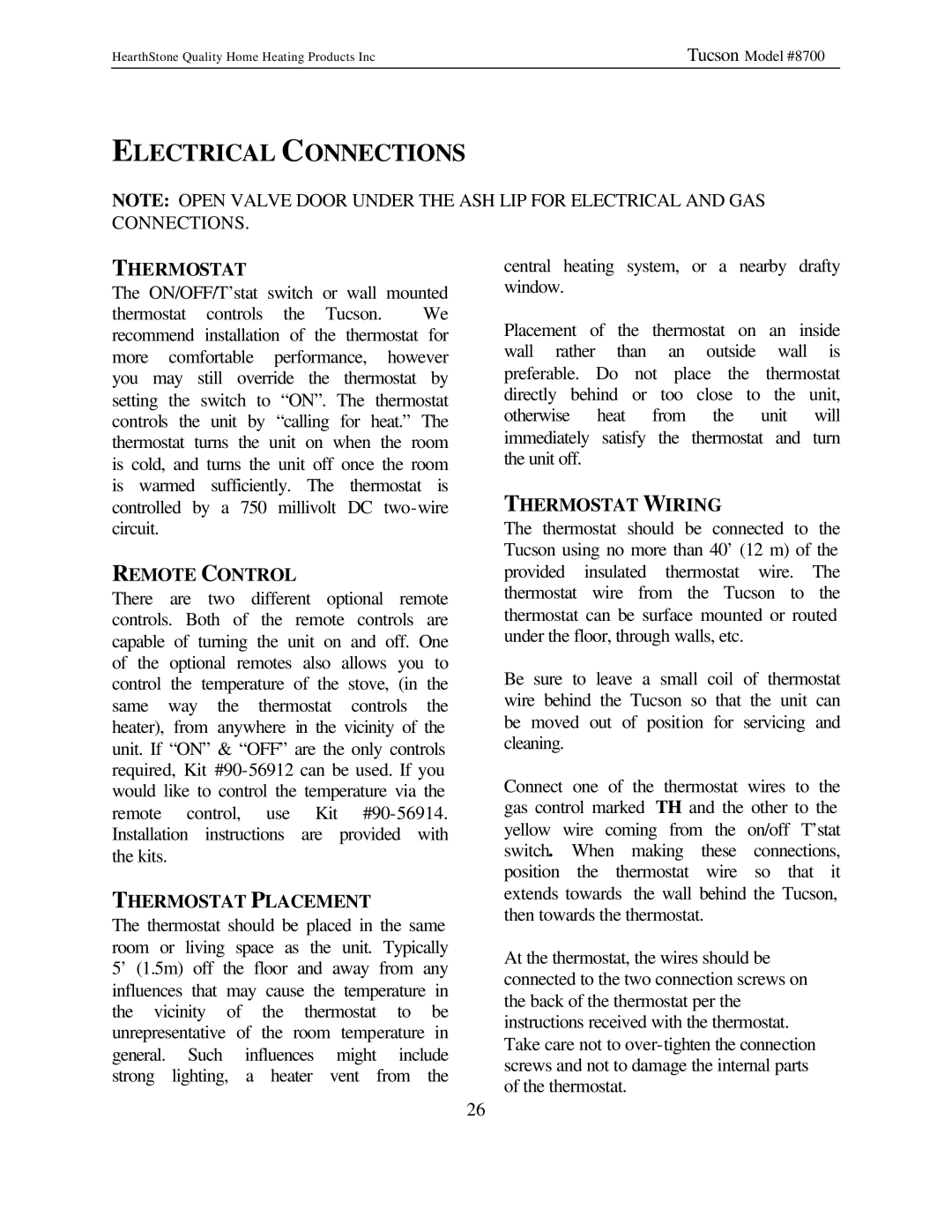 Hearth and Home Technologies Tucson (8700) owner manual Electrical Connections, Remote Control, Thermostat Placement 