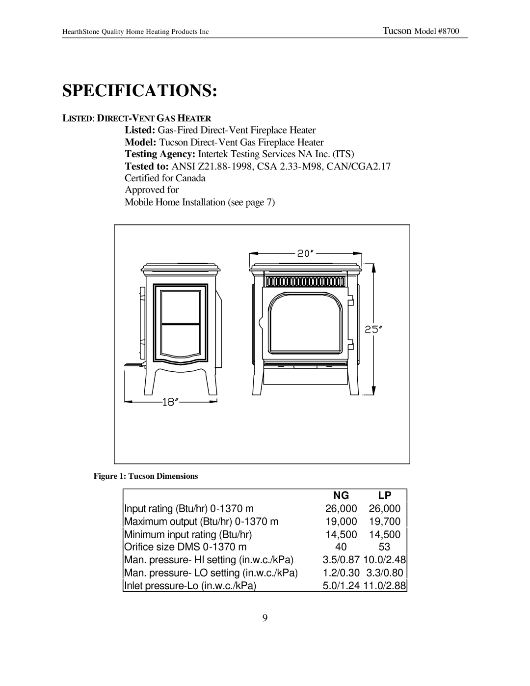 Hearth and Home Technologies Tucson (8700) owner manual Specifications 