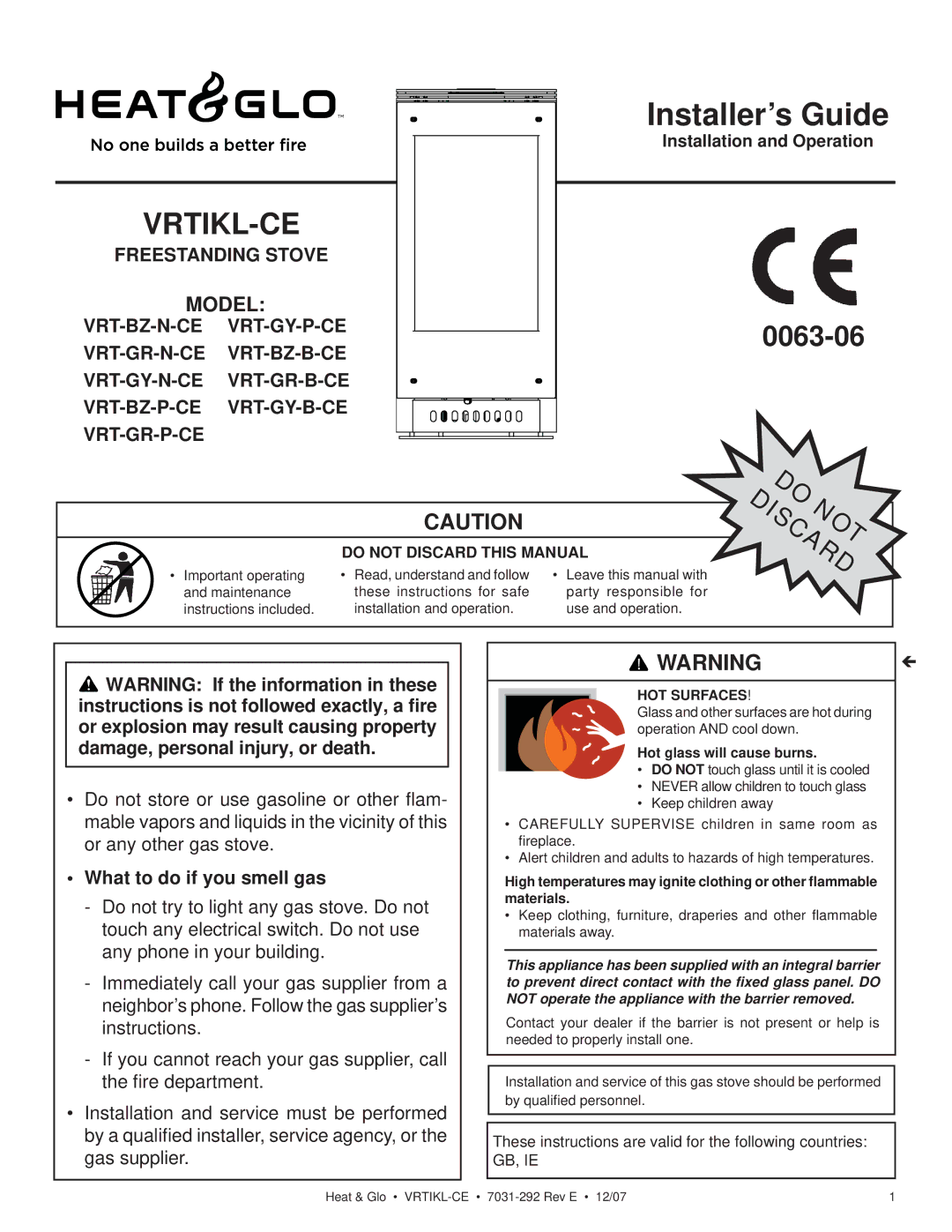 Hearth and Home Technologies VRT-GY-P-CE manual What to do if you smell gas, Do not Discard this Manual, Do Discardnot 