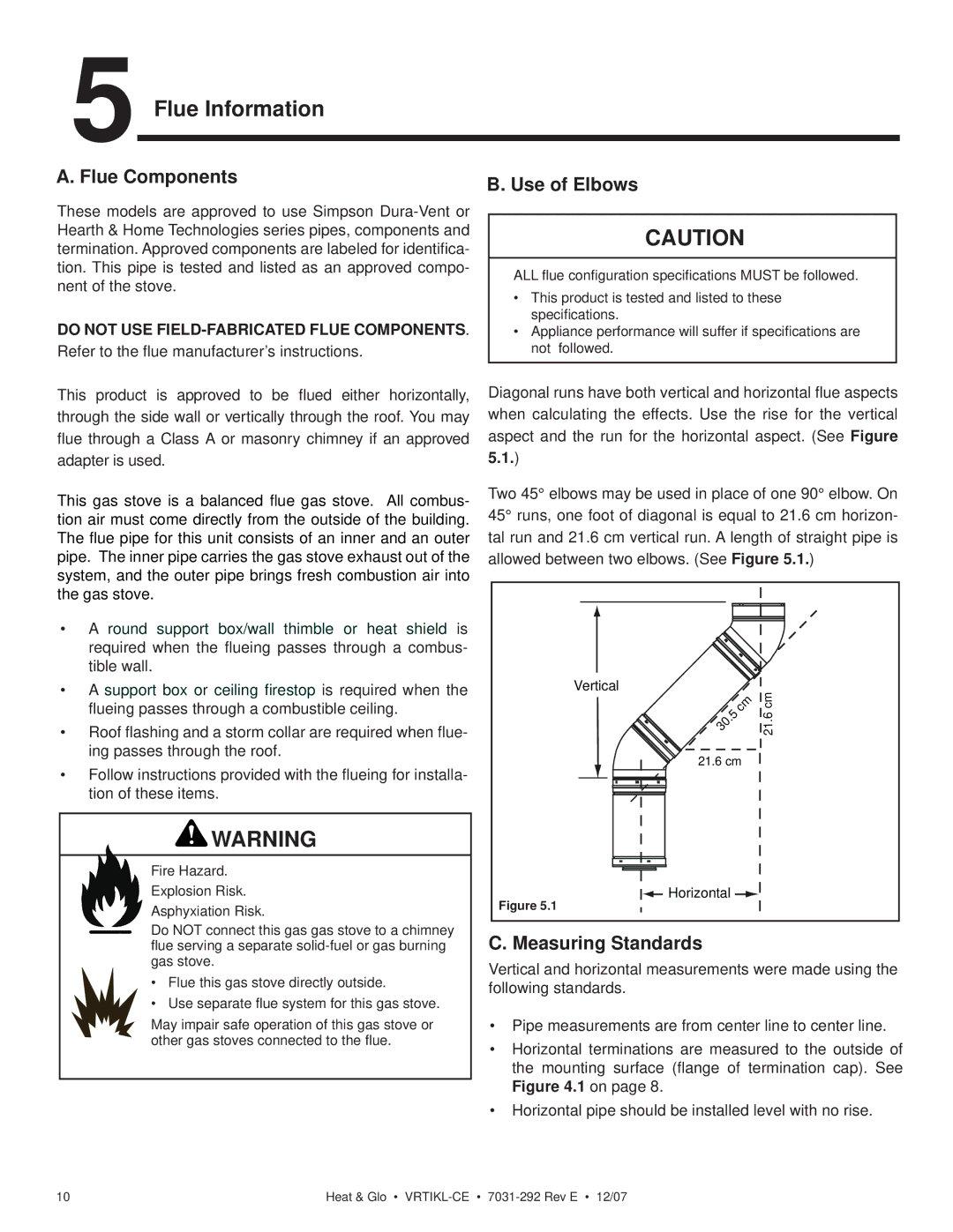 Hearth and Home Technologies VRTIKL-CE, VRT-GY-P-CE Flue Information, Flue Components, Use of Elbows, Measuring Standards 