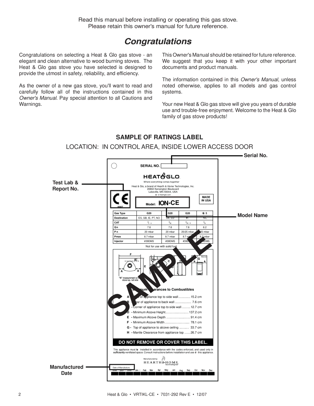 Hearth and Home Technologies VRT-GY-N-CE, VRTIKL-CE, VRT-GY-P-CE Test Lab Report No Manufactured Date, Serial No Model Name 