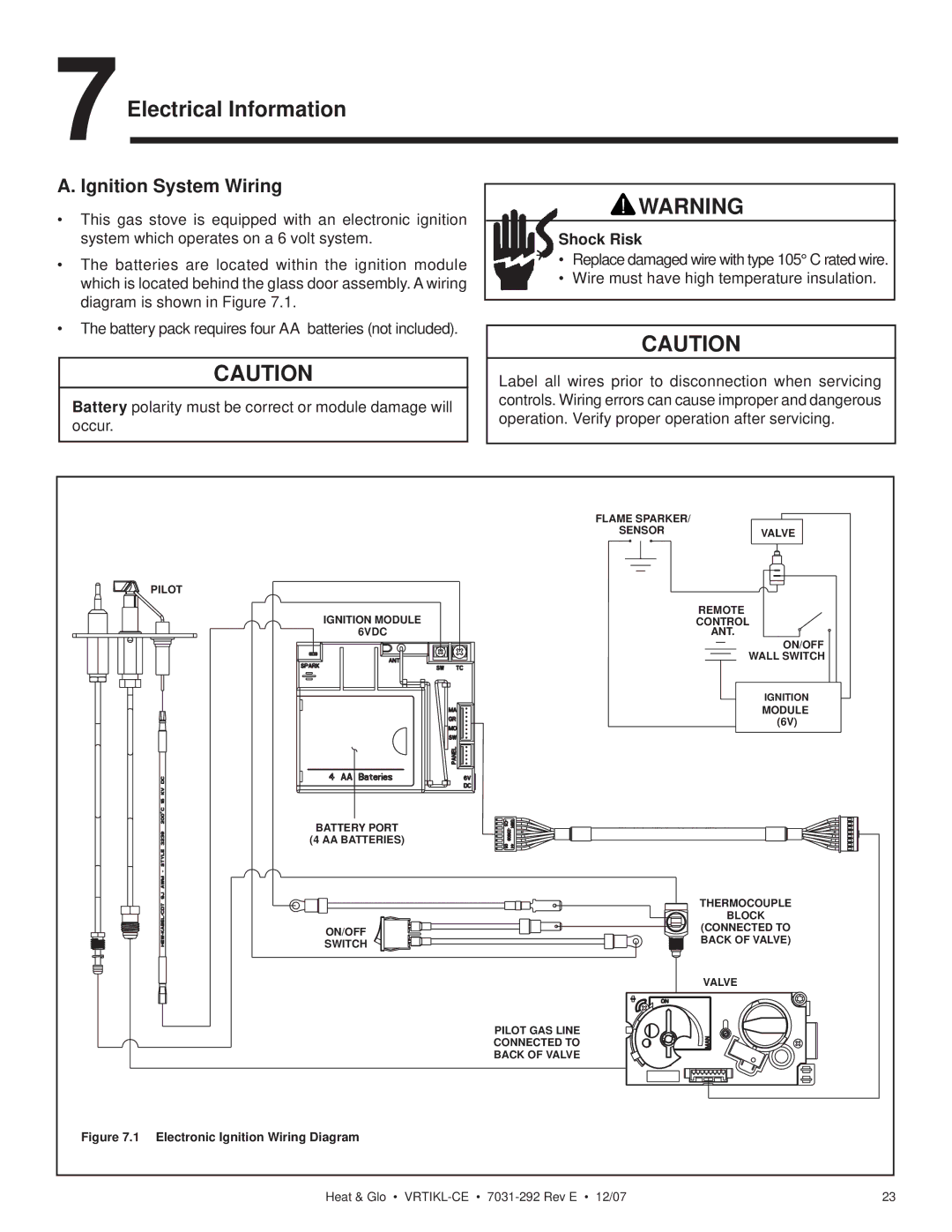 Hearth and Home Technologies VRT-BZ-B-CE, VRTIKL-CE manual 7Electrical Information, Ignition System Wiring, Shock Risk 