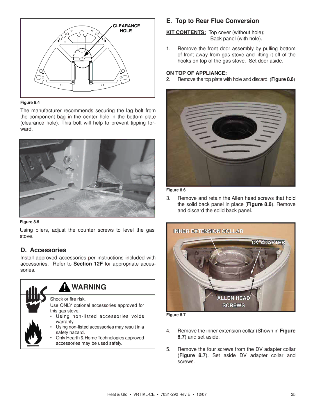 Hearth and Home Technologies VRT-GR-N-CE, VRTIKL-CE manual Accessories, Top to Rear Flue Conversion, On TOP of Appliance 