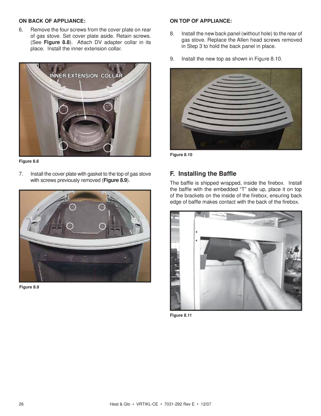 Hearth and Home Technologies VRT-BZ-N-CE, VRTIKL-CE, VRT-GY-P-CE, VRT-GY-N-CE Installing the Bafﬂe, On Back of Appliance 