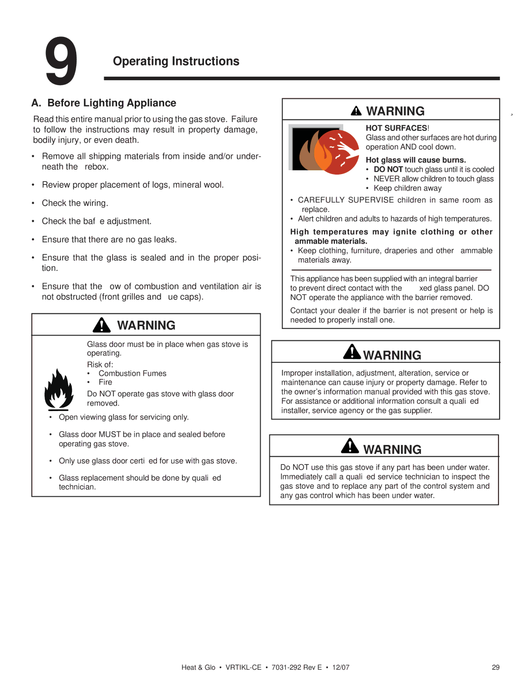 Hearth and Home Technologies VRT-GR-P-CE, VRTIKL-CE, VRT-GY-P-CE manual Operating Instructions, Before Lighting Appliance 