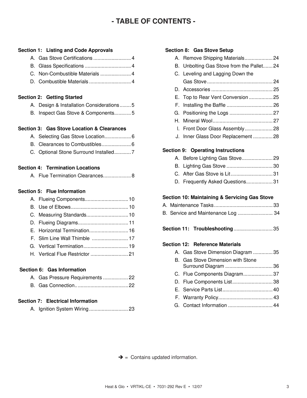 Hearth and Home Technologies VRT-BZ-B-CE, VRTIKL-CE, VRT-GY-P-CE, VRT-GY-N-CE, VRT-GY-B-CE, VRT-GR-N-CE manual Table of Contents 