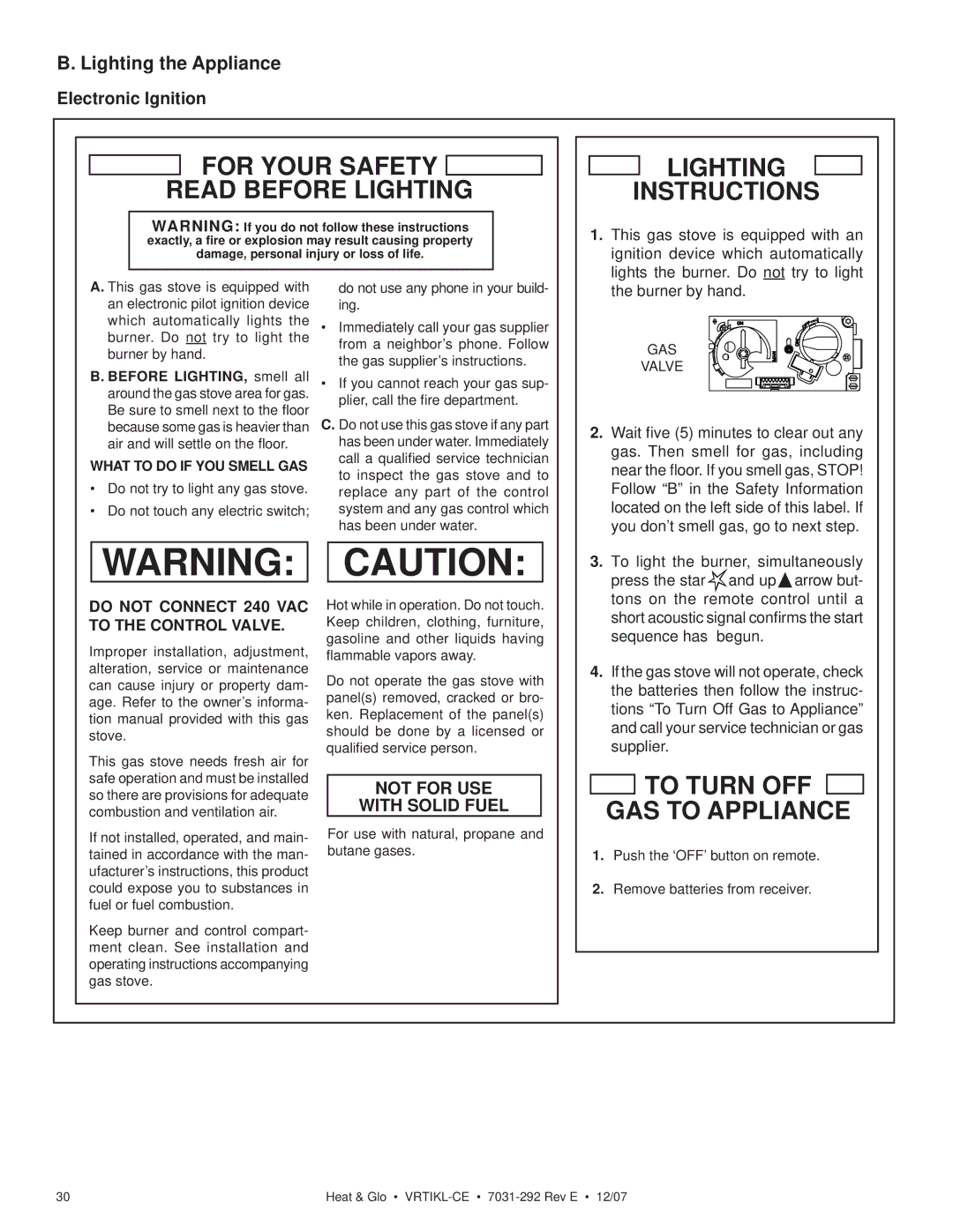 Hearth and Home Technologies VRTIKL-CE, VRT-GY-P-CE Lighting the Appliance, Do not Connect 240 VAC to the Control Valve 