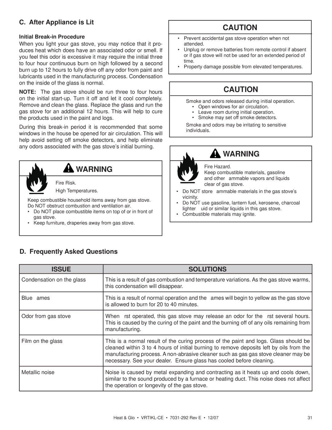 Hearth and Home Technologies VRT-GY-P-CE After Appliance is Lit, Frequently Asked Questions, Initial Break-in Procedure 