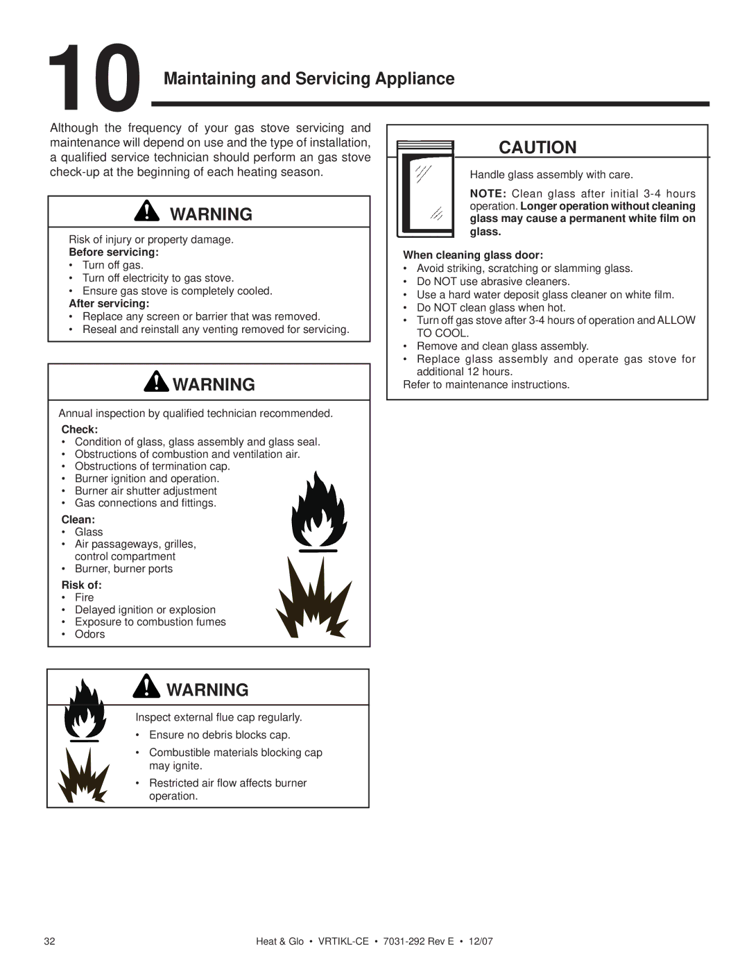 Hearth and Home Technologies VRT-GY-N-CE, VRTIKL-CE, VRT-GY-P-CE manual Maintaining and Servicing Appliance, After servicing 