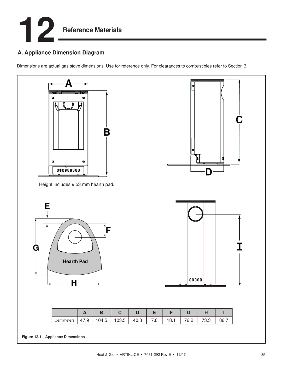 Hearth and Home Technologies VRT-GR-N-CE, VRTIKL-CE, VRT-GY-P-CE manual Reference Materials, Appliance Dimension Diagram 