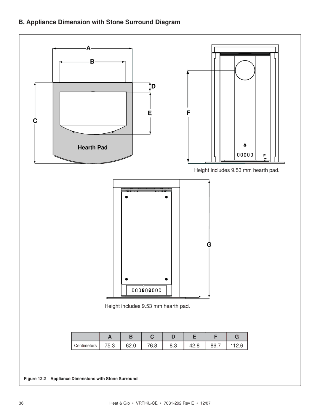 Hearth and Home Technologies VRT-BZ-N-CE Appliance Dimension with Stone Surround Diagram, 75.3 62.0 76.8 42.8 86.7 112.6 