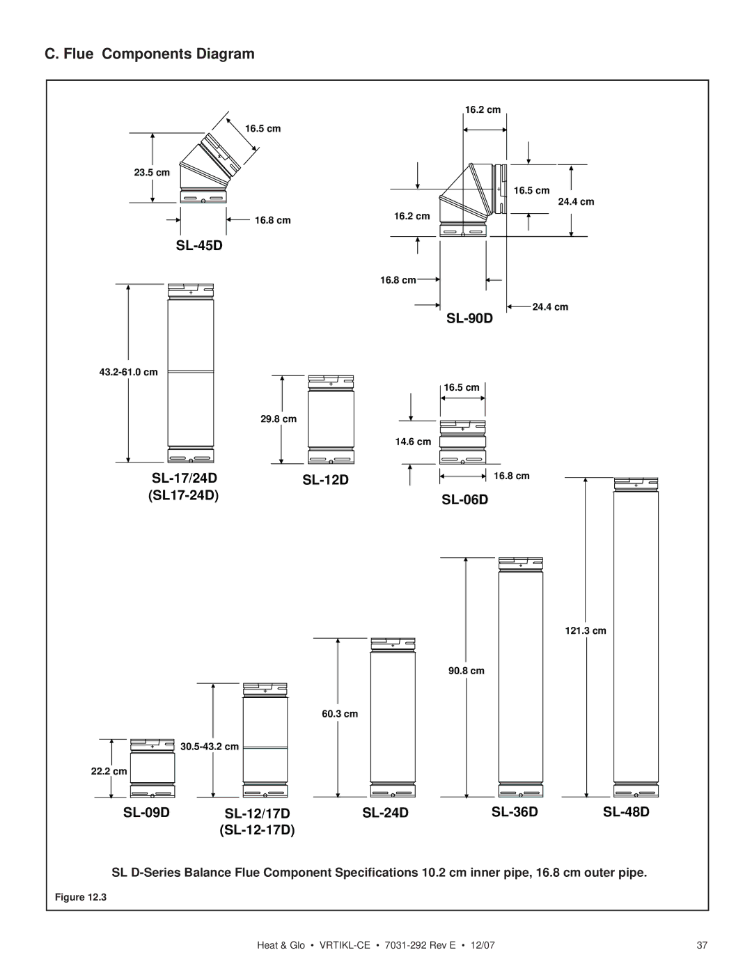 Hearth and Home Technologies VRT-BZ-P-CE, VRTIKL-CE manual Flue Components Diagram, SL-09D SL-12/17D SL-24D SL-36D SL-48D 