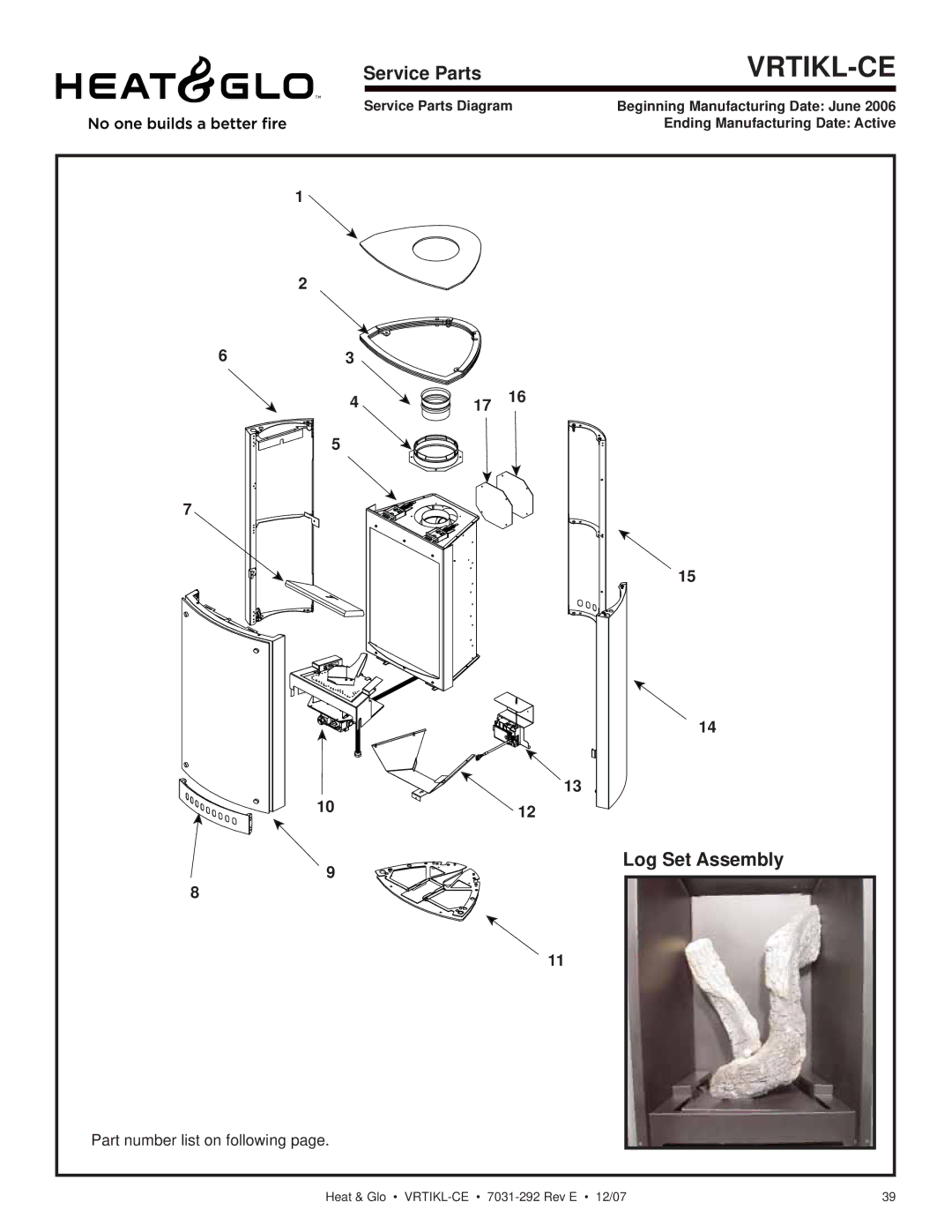 Hearth and Home Technologies VRT-GR-P-CE, VRTIKL-CE, VRT-GY-P-CE, VRT-GY-N-CE, VRT-BZ-B-CE Service Parts, Log Set Assembly 