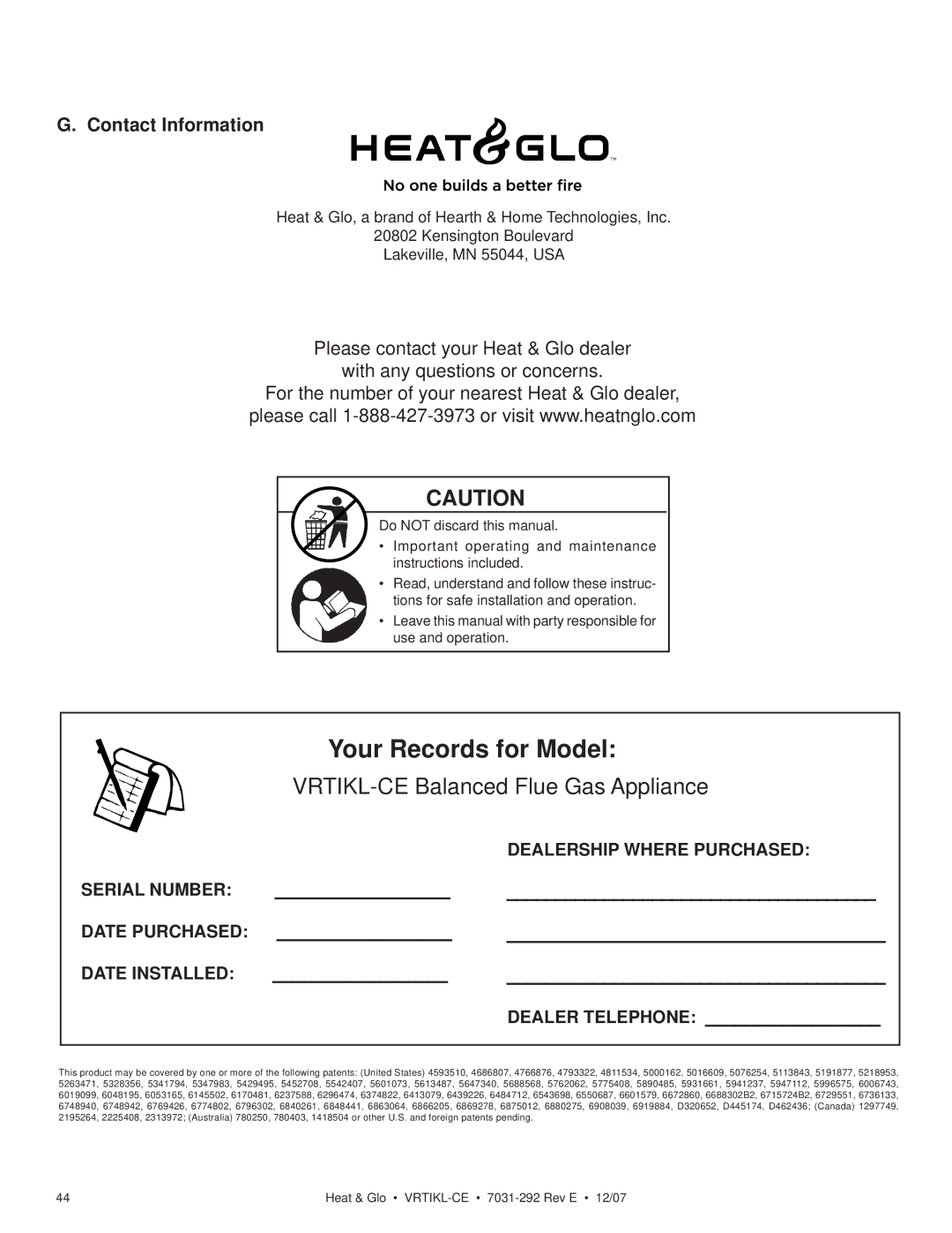 Hearth and Home Technologies VRT-GY-B-CE, VRTIKL-CE, VRT-GY-P-CE, VRT-GY-N-CE Your Records for Model, Contact Information 