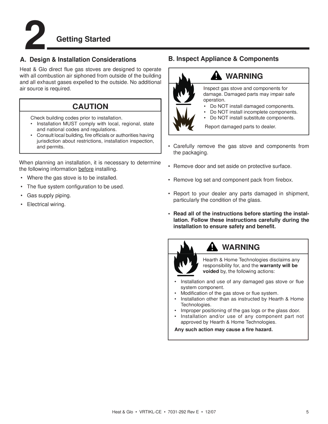 Hearth and Home Technologies VRT-GR-N-CE, VRTIKL-CE, VRT-GY-P-CE manual Getting Started, Design & Installation Considerations 