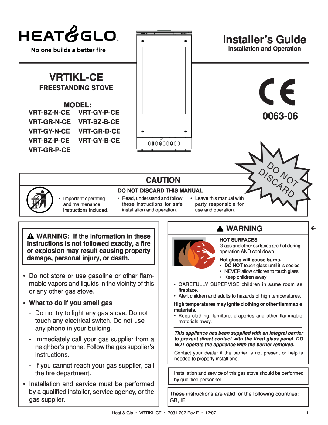 Hearth and Home Technologies VRT-GY-P-CE manual 0063-06, Freestanding Stove, What to do if you smell gas, Vrtikl-Ce, Model 