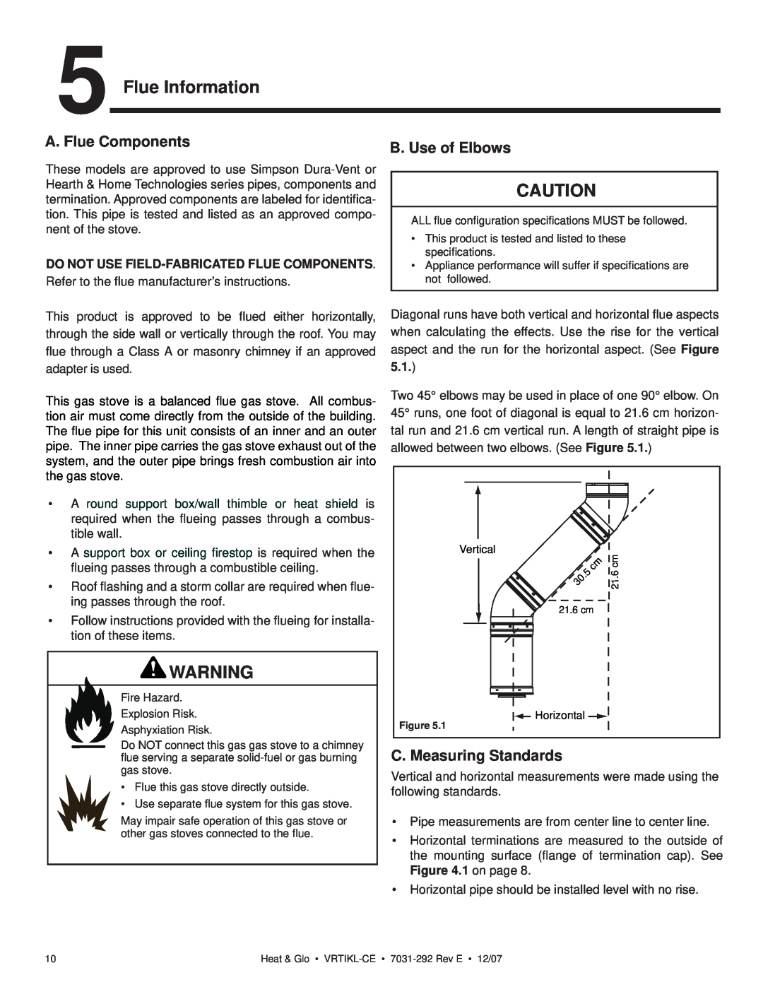 Hearth and Home Technologies VRTIKL-CE Flue Information, A. Flue Components, B. Use of Elbows, C. Measuring Standards 