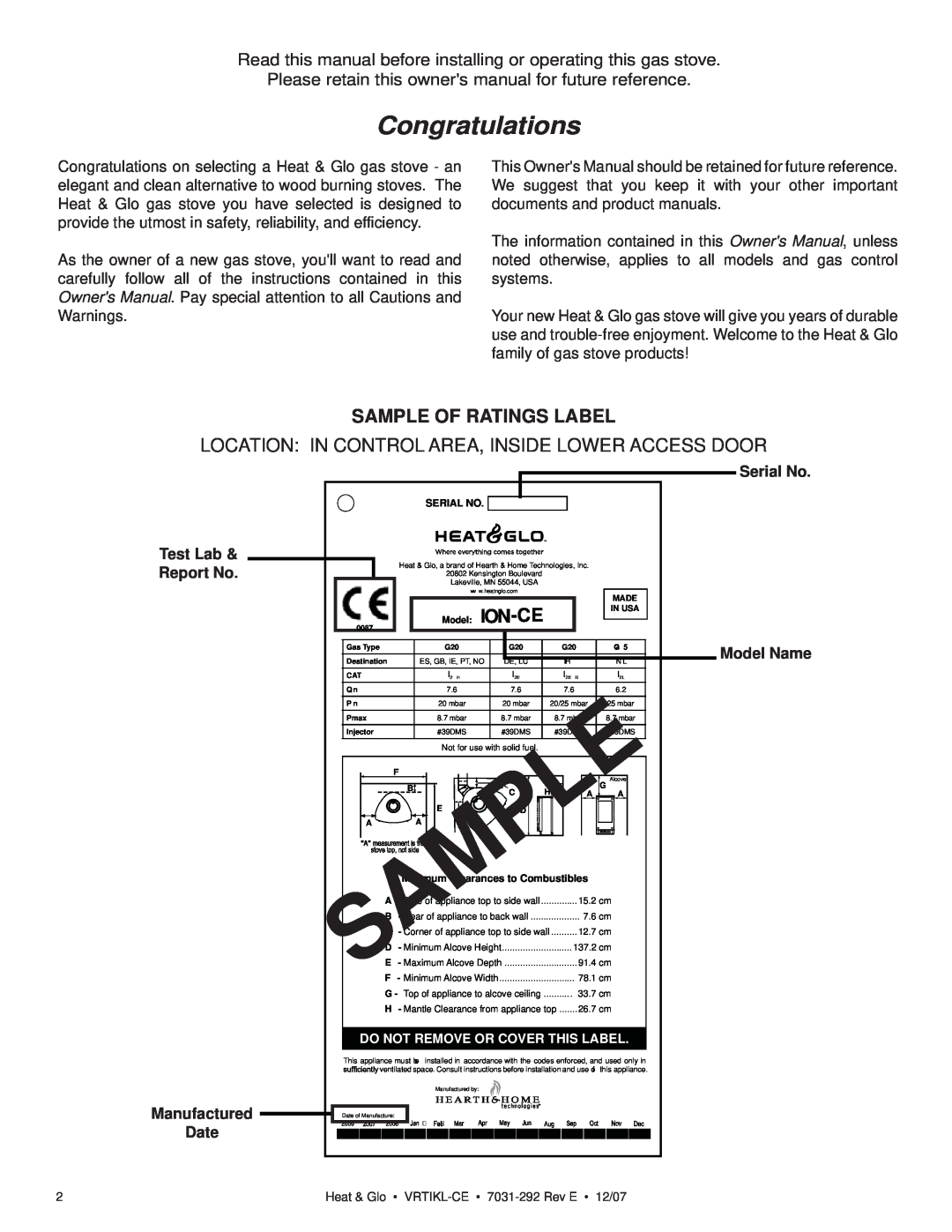 Hearth and Home Technologies VRT-GY-N-CE Sample Of Ratings Label, Congratulations, Test Lab Report No Manufactured Date 