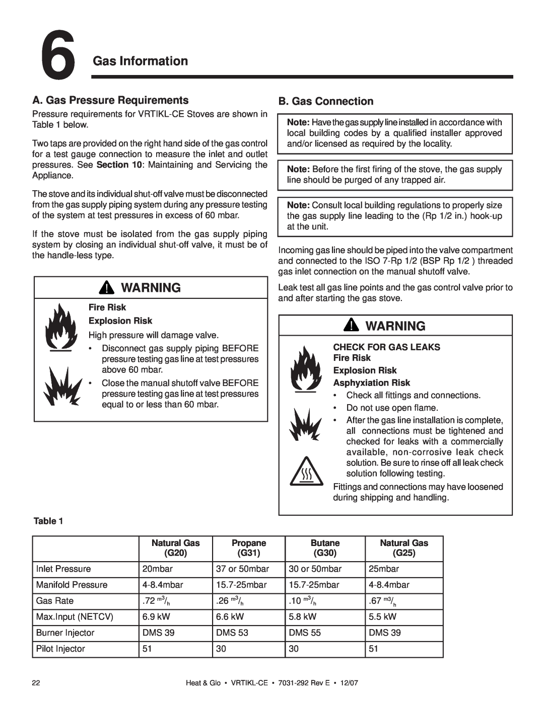 Hearth and Home Technologies VRT-GY-N-CE Gas Information, A. Gas Pressure Requirements, B. Gas Connection, Natural Gas 
