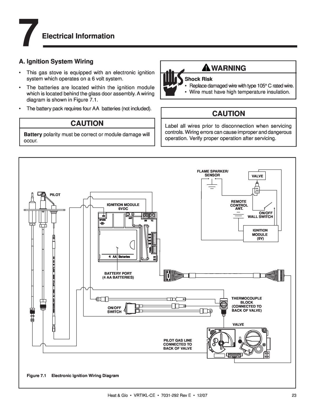 Hearth and Home Technologies VRT-BZ-B-CE, VRTIKL-CE manual 7Electrical Information, A. Ignition System Wiring, Shock Risk 