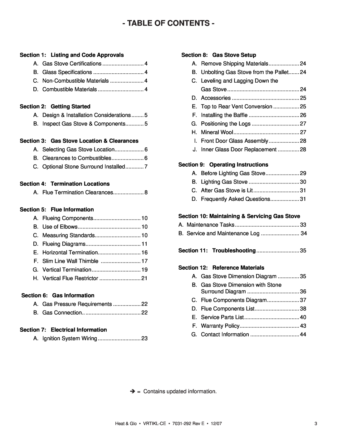 Hearth and Home Technologies VRT-BZ-B-CE, VRTIKL-CE, VRT-GY-P-CE manual Table Of Contents, Î = Contains updated information 