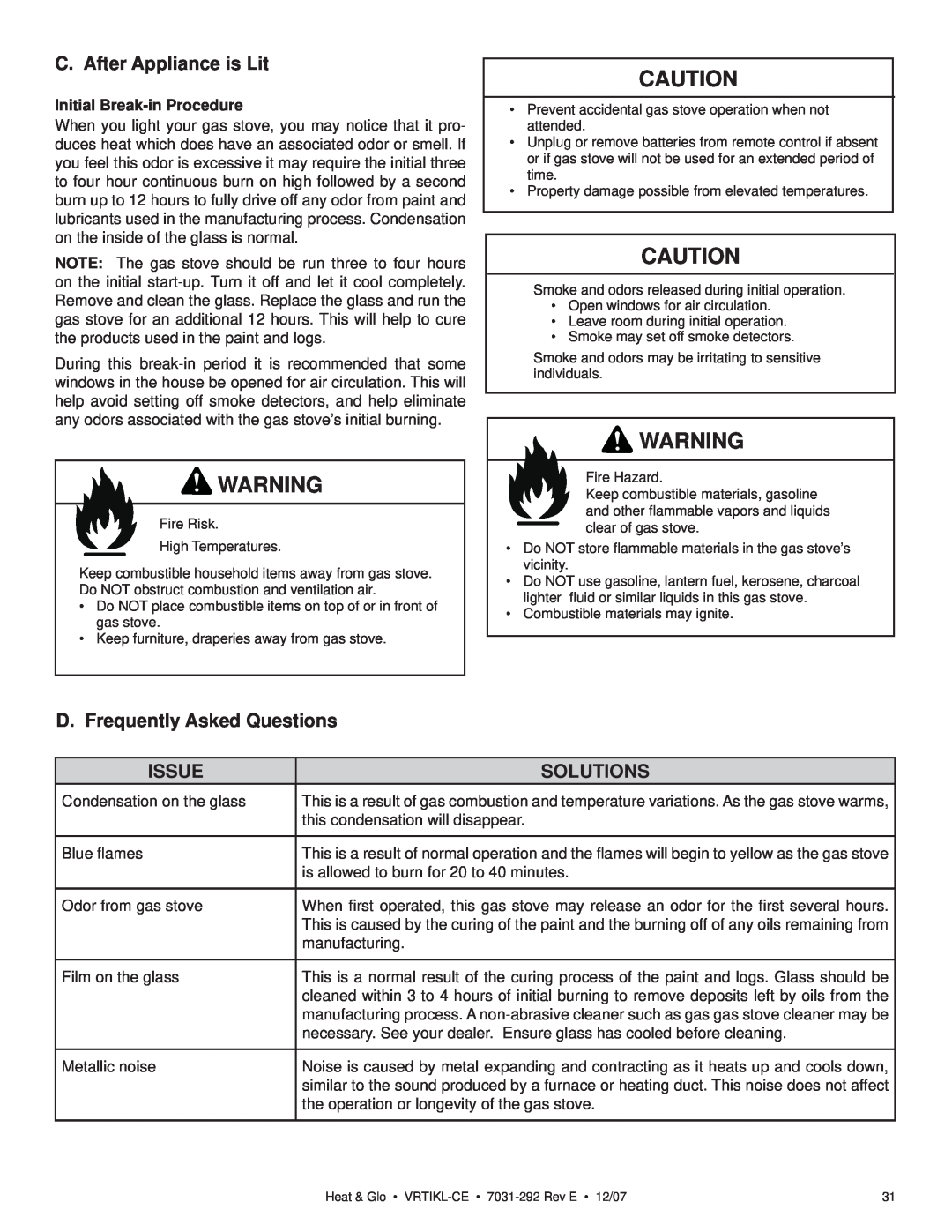 Hearth and Home Technologies VRT-GY-P-CE manual C. After Appliance is Lit, D. Frequently Asked Questions, Issue, Solutions 