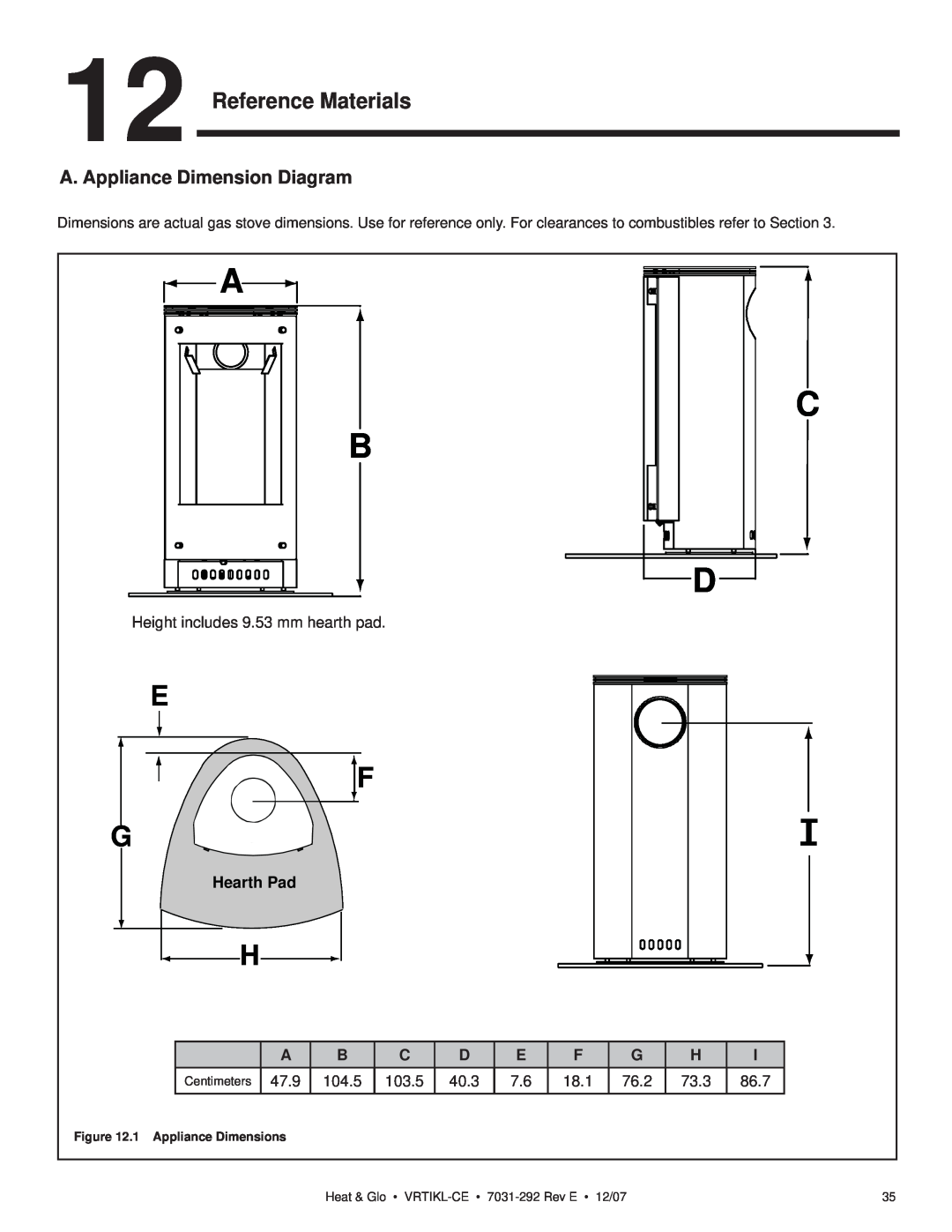 Hearth and Home Technologies VRT-GR-N-CE Reference Materials, A. Appliance Dimension Diagram, E F G, Hearth Pad, 47.9 
