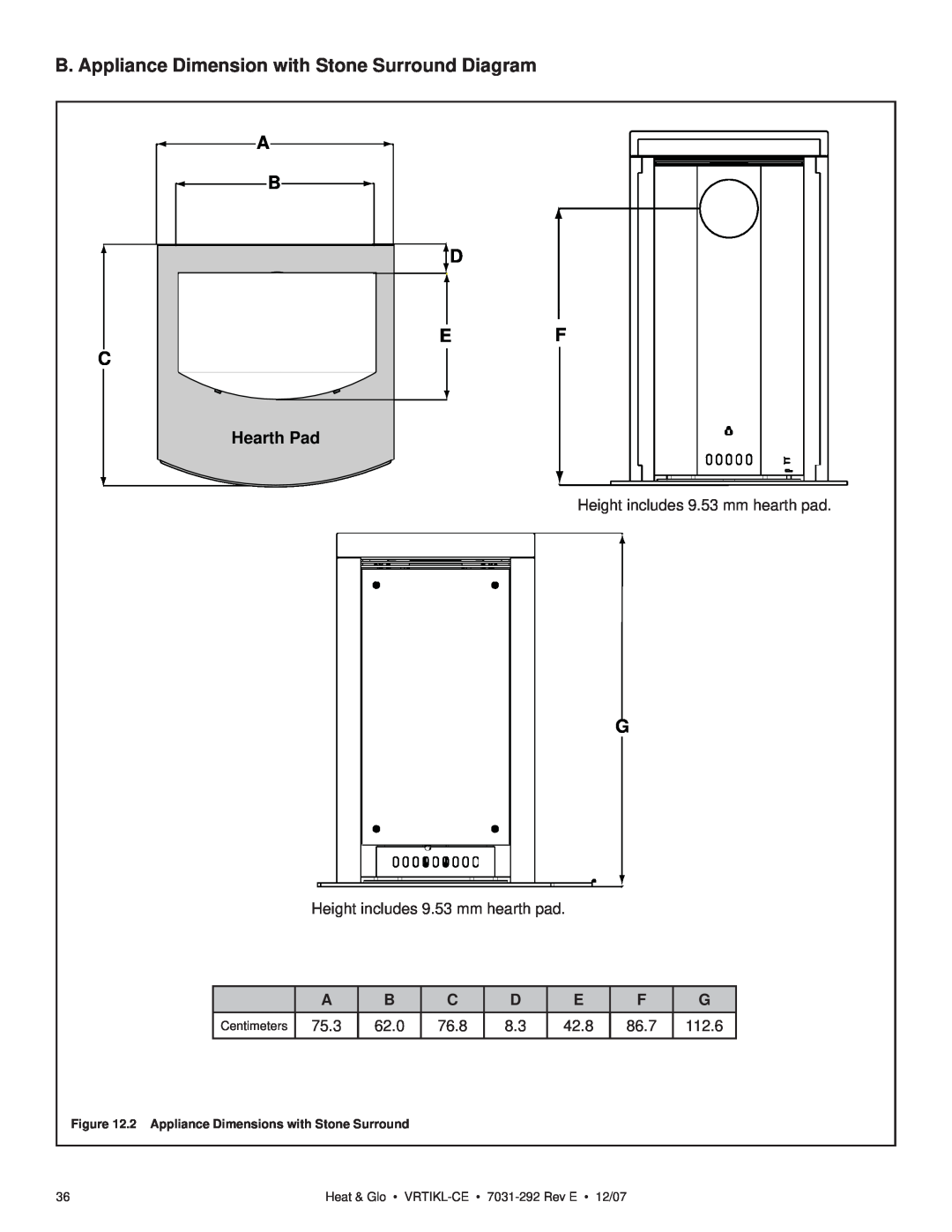 Hearth and Home Technologies VRT-BZ-N-CE B. Appliance Dimension with Stone Surround Diagram, Hearth Pad, 75.3, 62.0, 76.8 