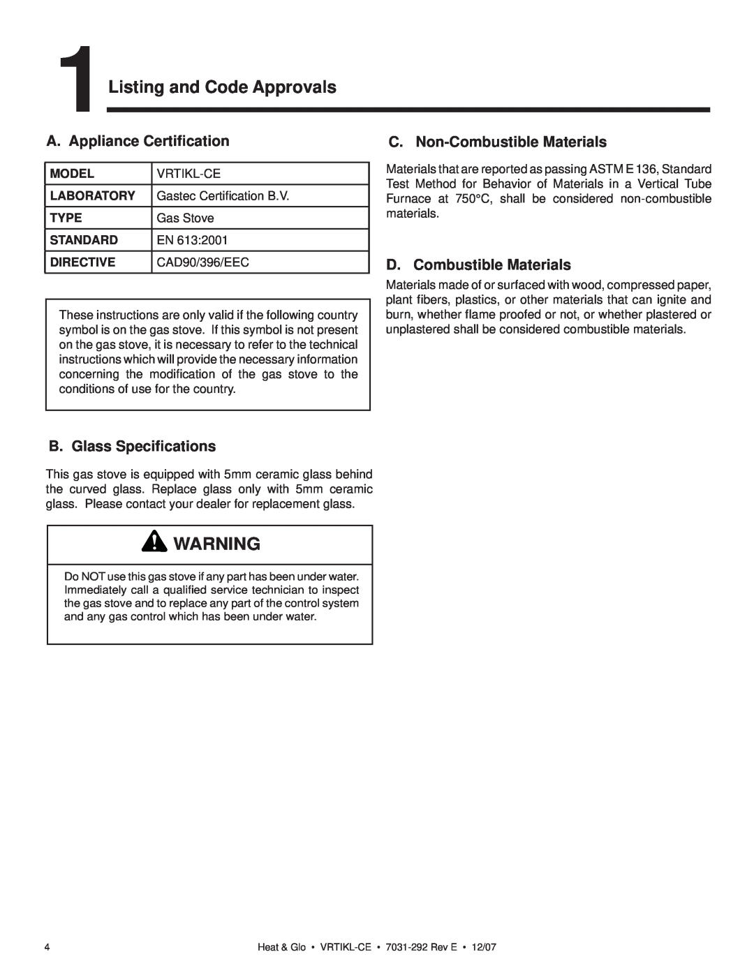 Hearth and Home Technologies VRT-GY-B-CE 1Listing and Code Approvals, A. Appliance Certiﬁcation, D. Combustible Materials 