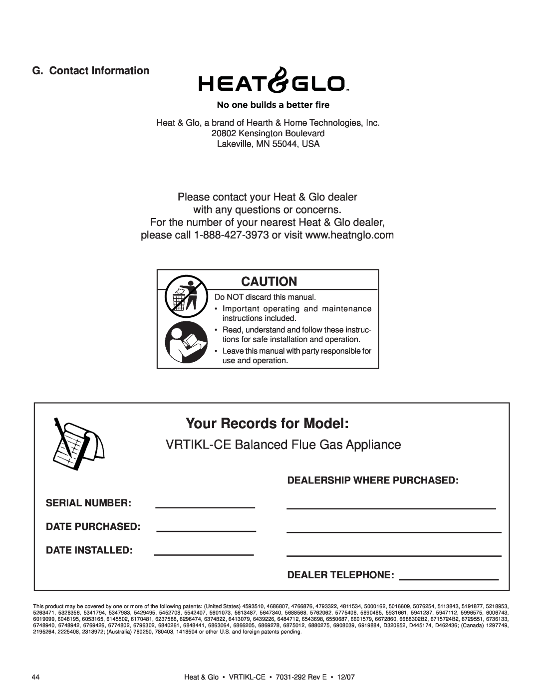 Hearth and Home Technologies VRT-GY-B-CE manual Your Records for Model, G. Contact Information, Dealership Where Purchased 