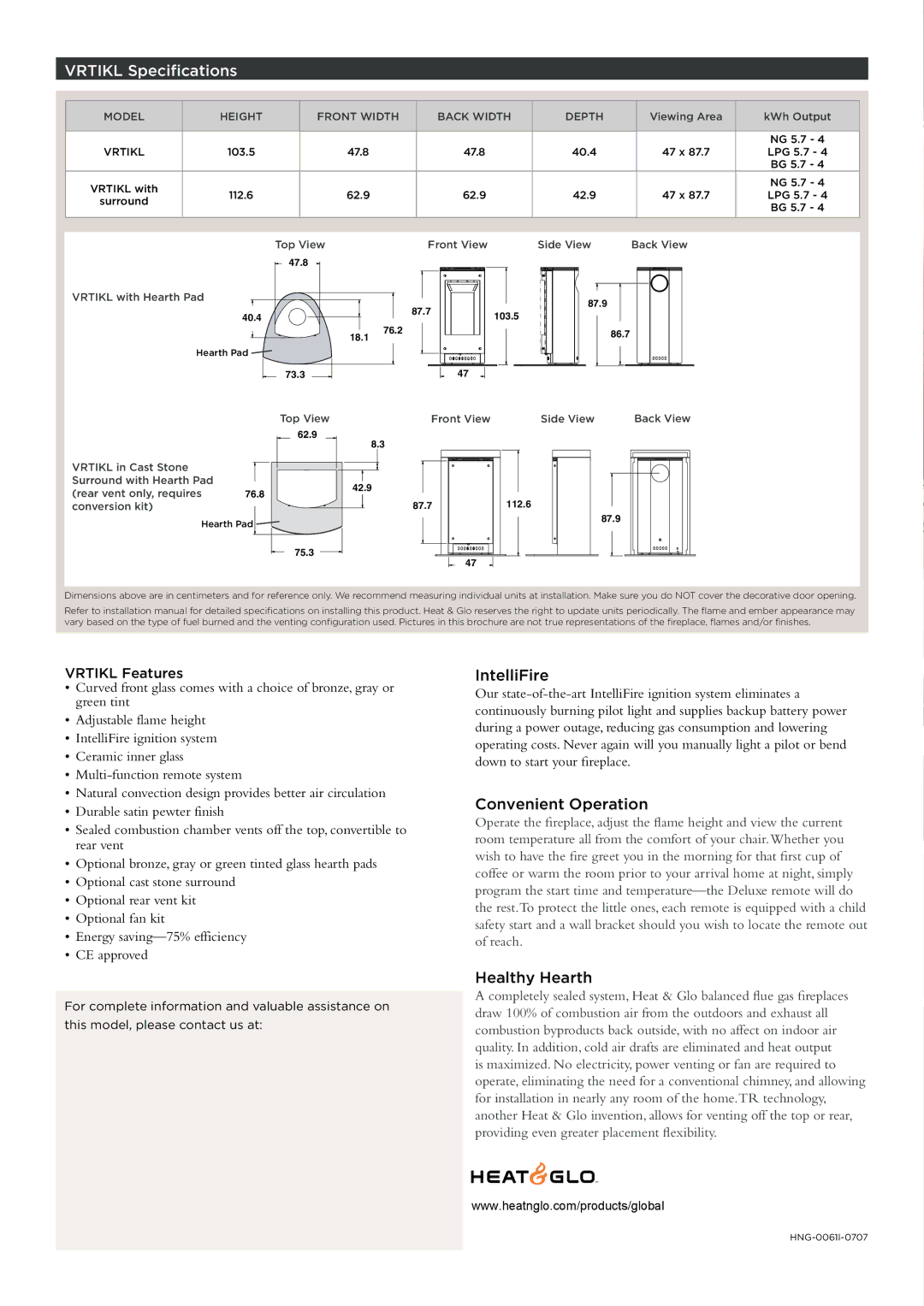 Hearth and Home Technologies VRTIKL manual Vrtikl Specifications 