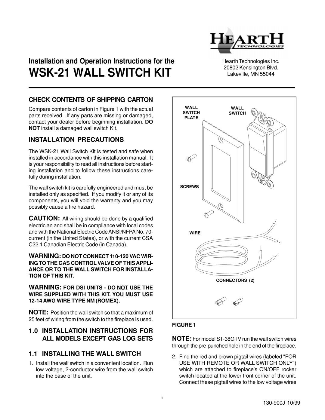 Hearth and Home Technologies installation instructions WSK-21 Wall Switch KIT, Check Contents of Shipping Carton 