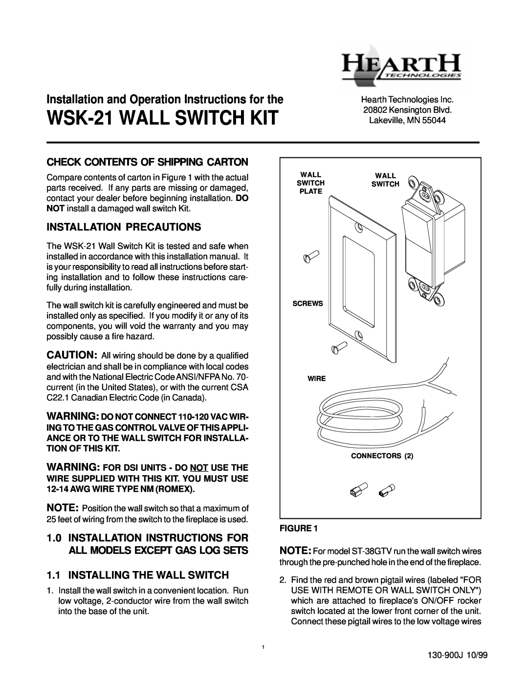 Hearth and Home Technologies WSK-21 installation instructions Check Contents Of Shipping Carton, Installation Precautions 