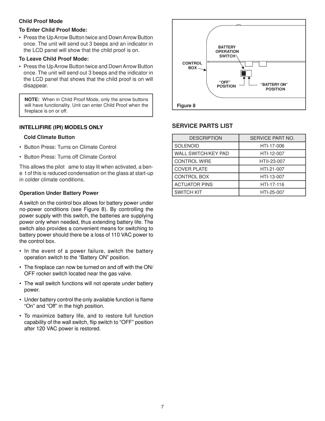 Hearth and Home Technologies WSK-MLT Child Proof Mode To Enter Child Proof Mode, To Leave Child Proof Mode 