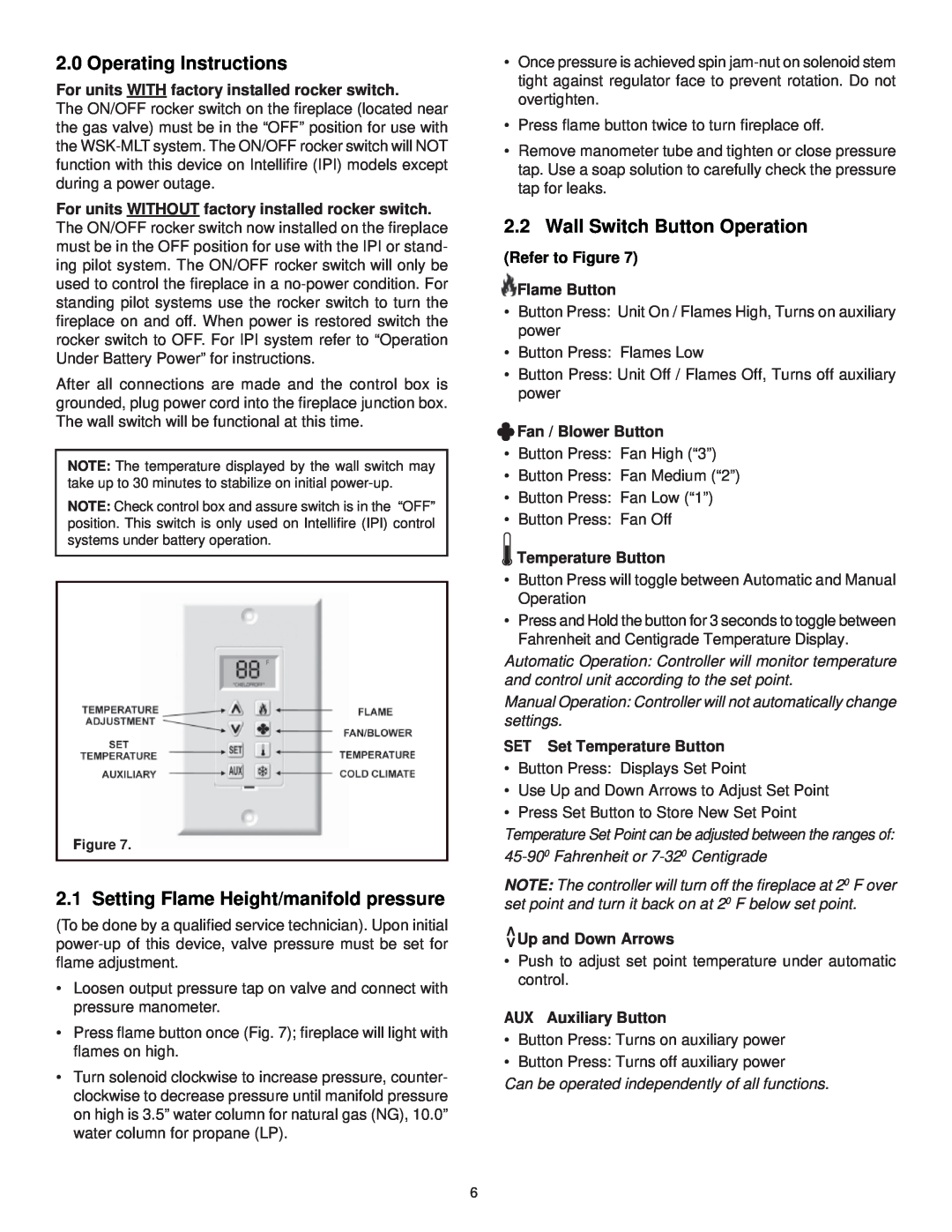 Hearth and Home Technologies WSK-MLT Operating Instructions, Setting Flame Height/manifold pressure, Refer to Flame Button 