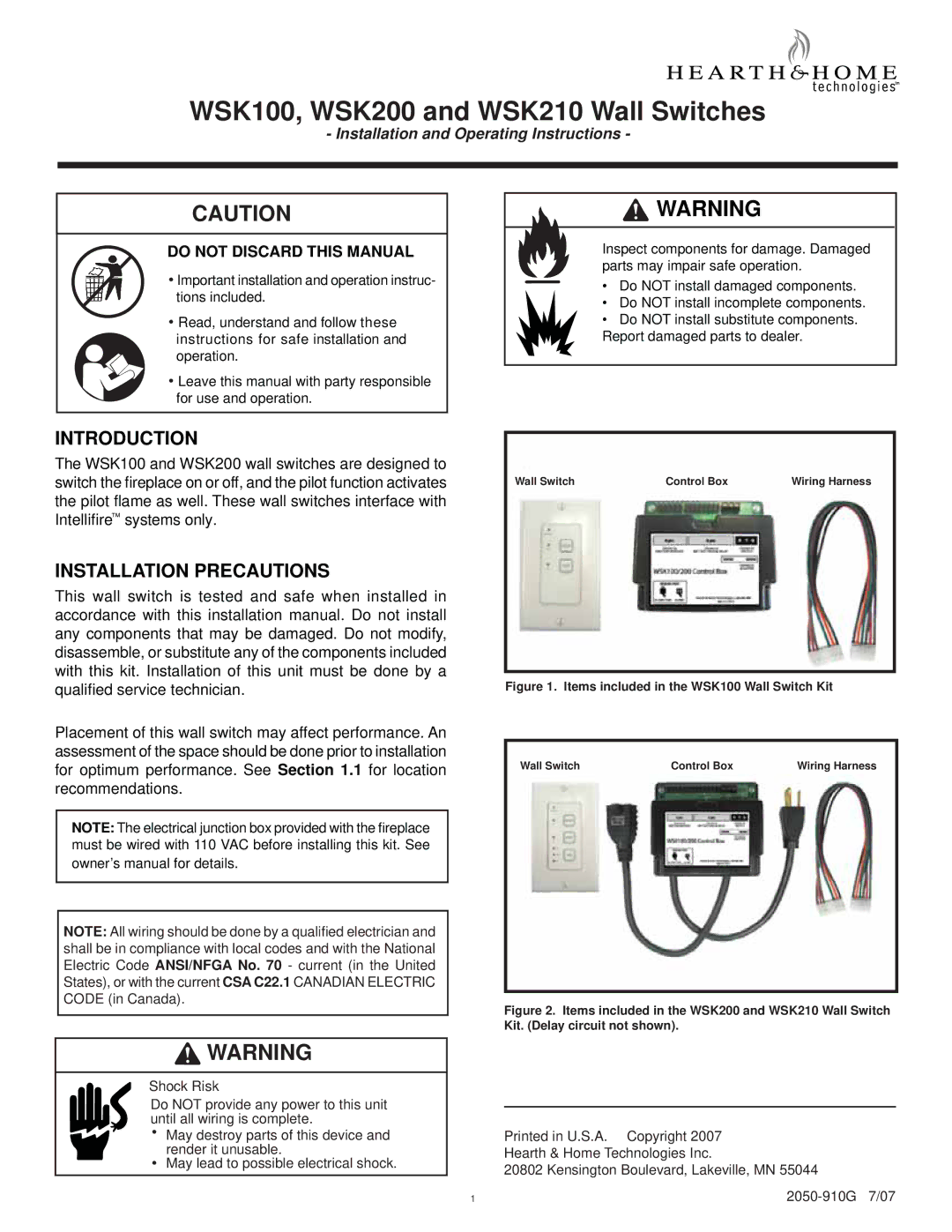 Hearth and Home Technologies WSK100, WSK210, WSK200 installation manual Introduction, Installation Precautions 