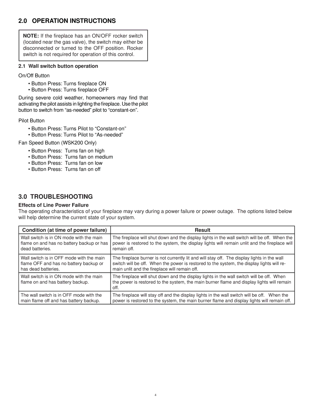 Hearth and Home Technologies WSK100, WSK210, WSK200 Operation Instructions, Troubleshooting, Wall switch button operation 