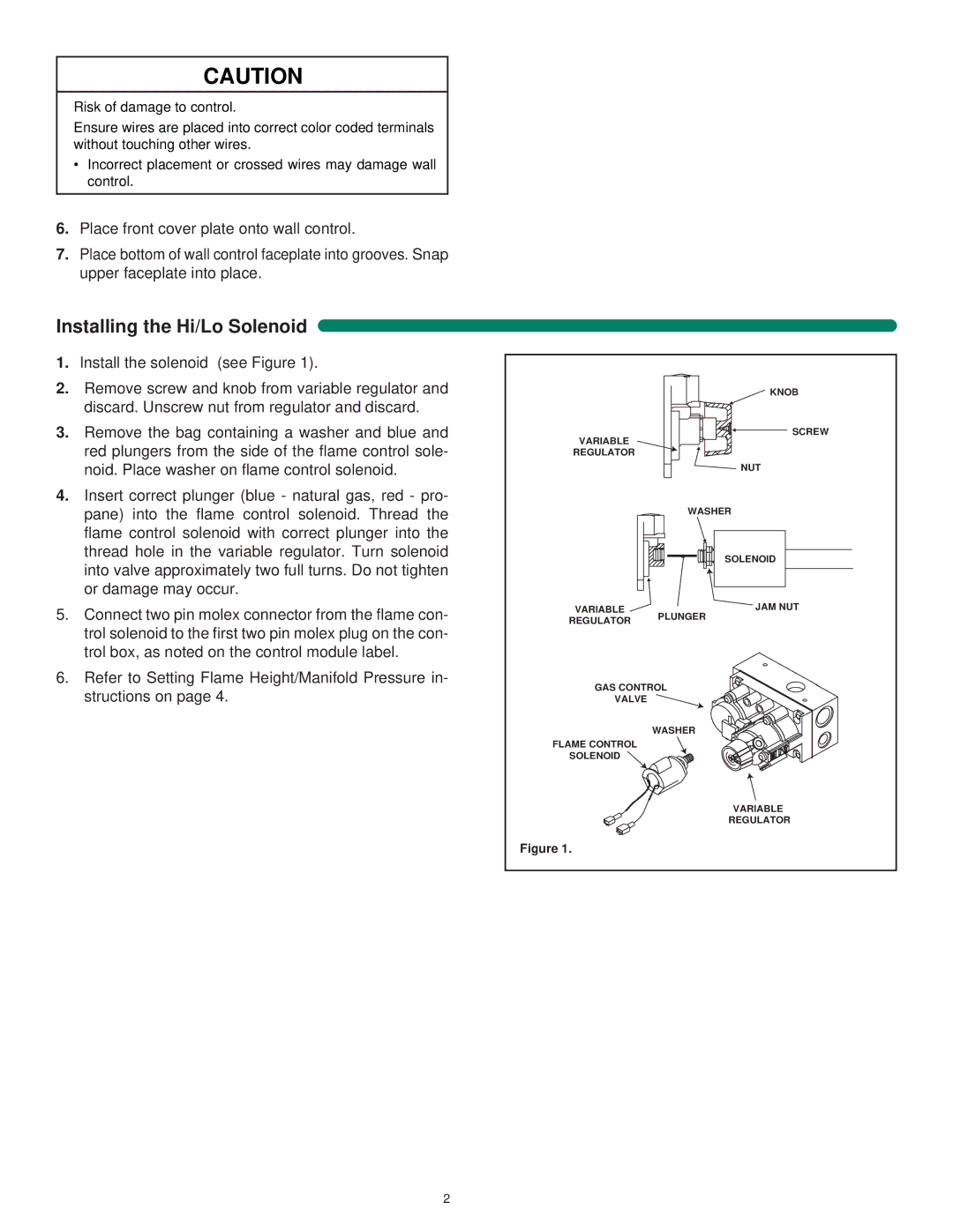 Hearth and Home Technologies WSK300 operating instructions Installing the Hi/Lo Solenoid 