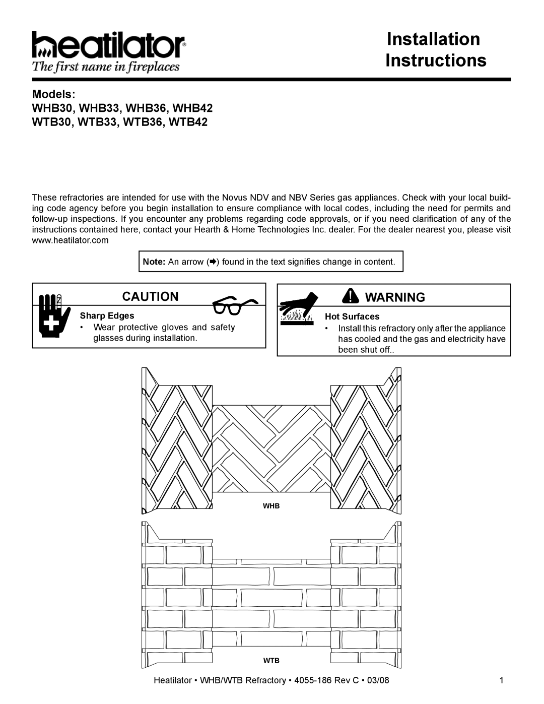 Hearth and Home Technologies WTB42, WTB36, WTB30, WHB30, WHB42, WHB33 installation instructions Sharp Edges, Hot Surfaces 