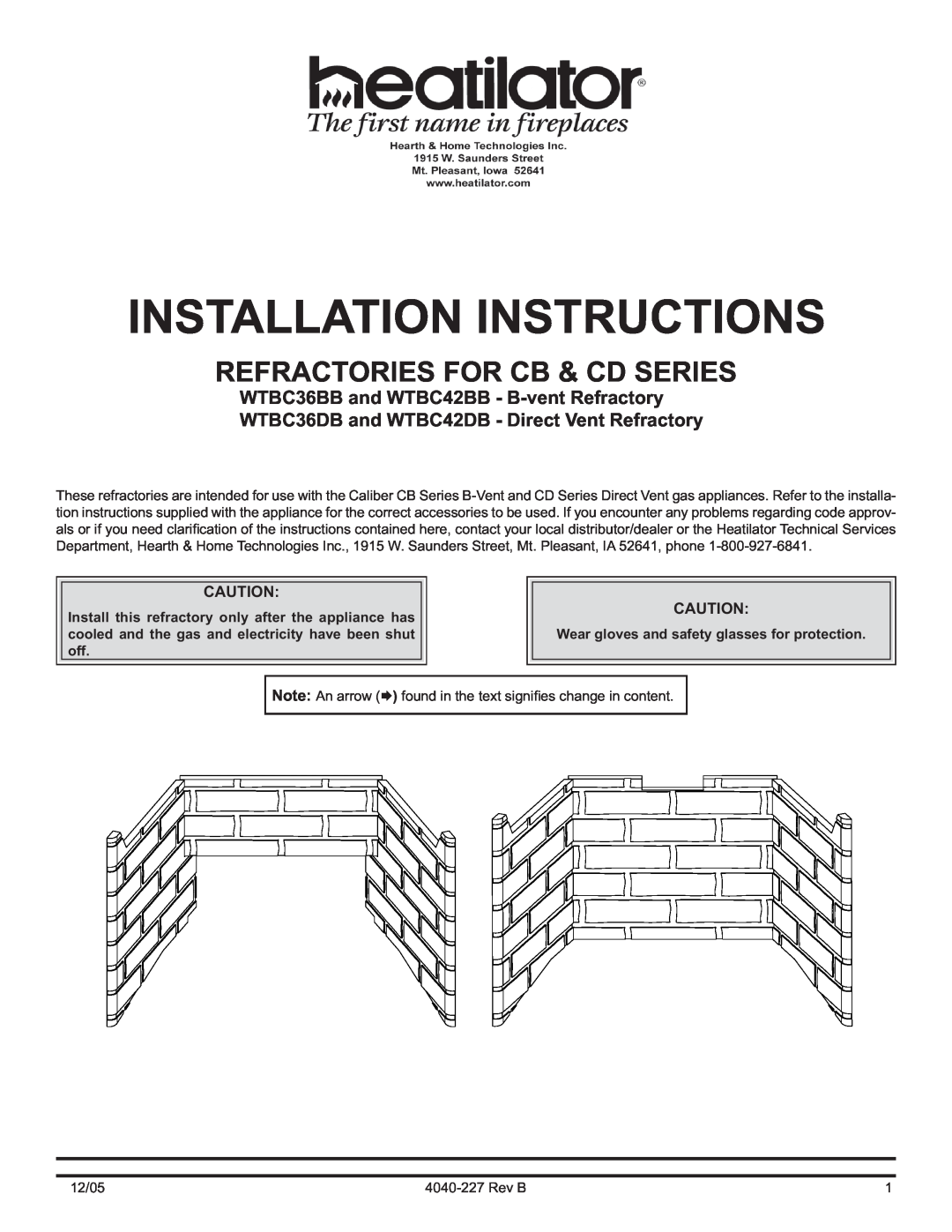 Hearth and Home Technologies WTBC42DB, WTBC36DB installation instructions WTBC36BB and WTBC42BB - B-vent Refractory 