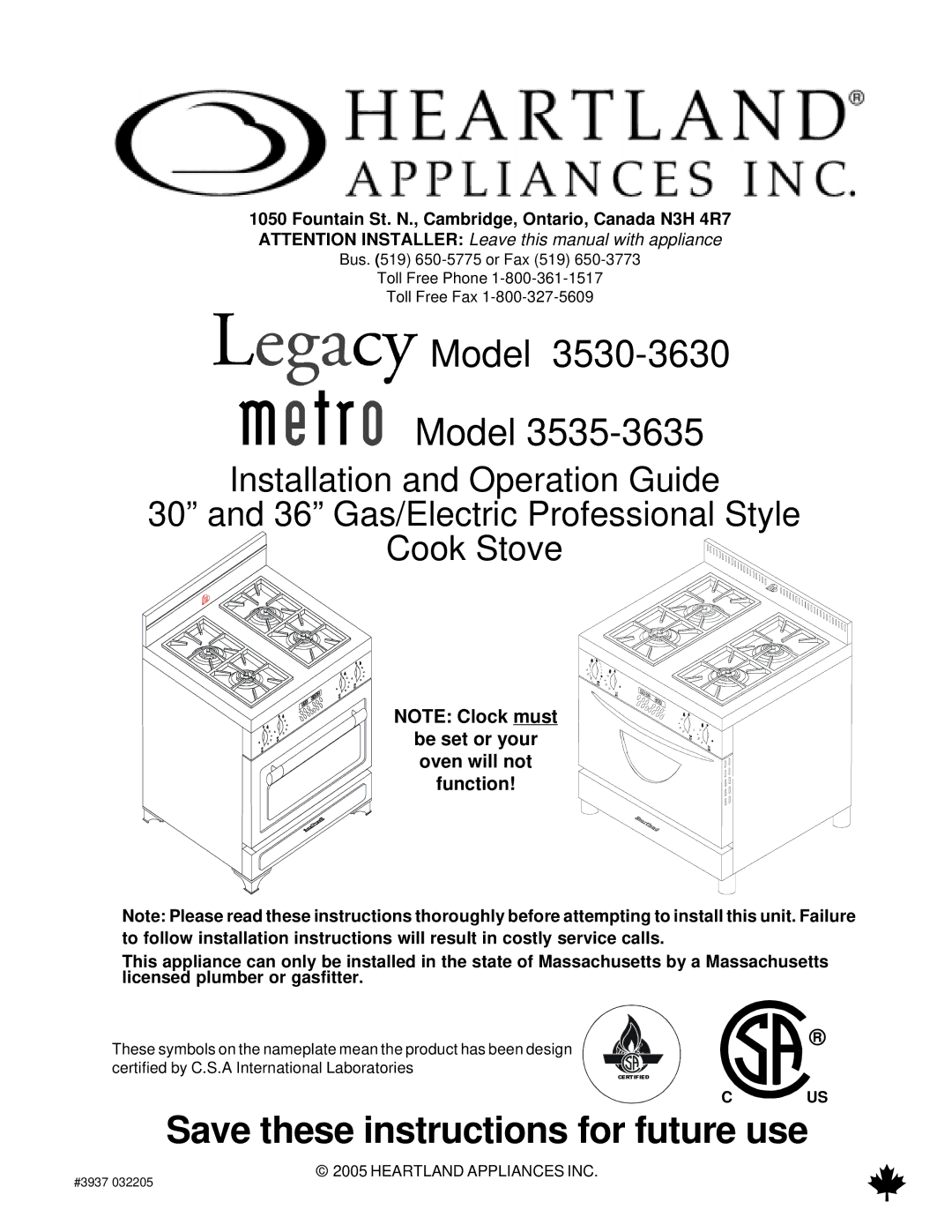 Heartland 3530, 3630 installation and operation guide Model, Be set or your oven will not function 