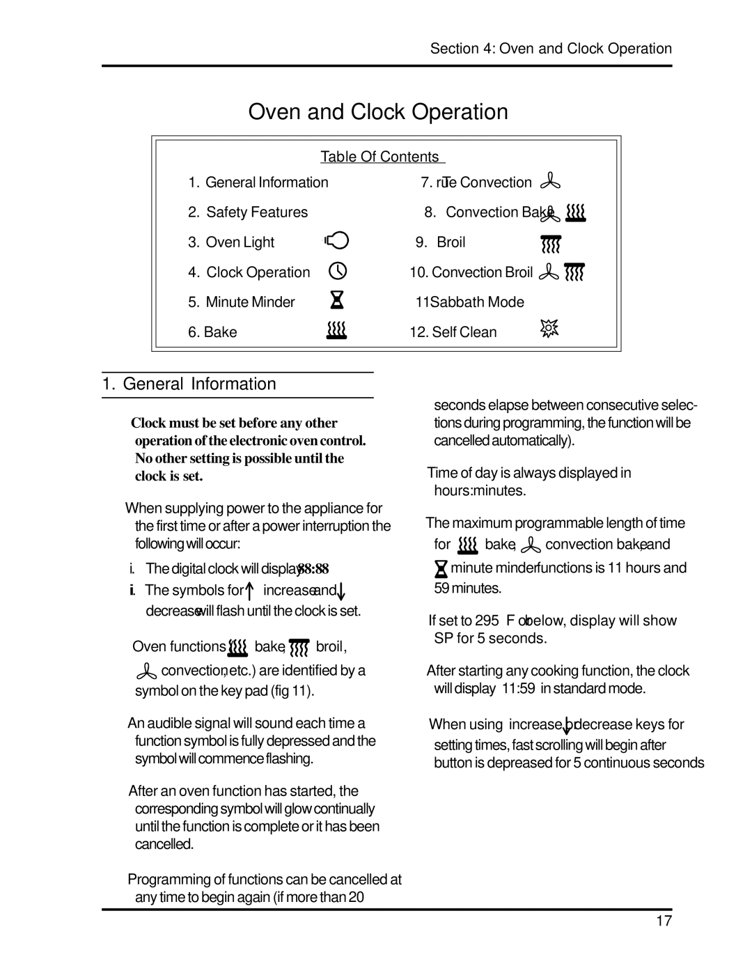 Heartland 3630, 3530 installation and operation guide Oven and Clock Operation, General Information, Table Of Contents 