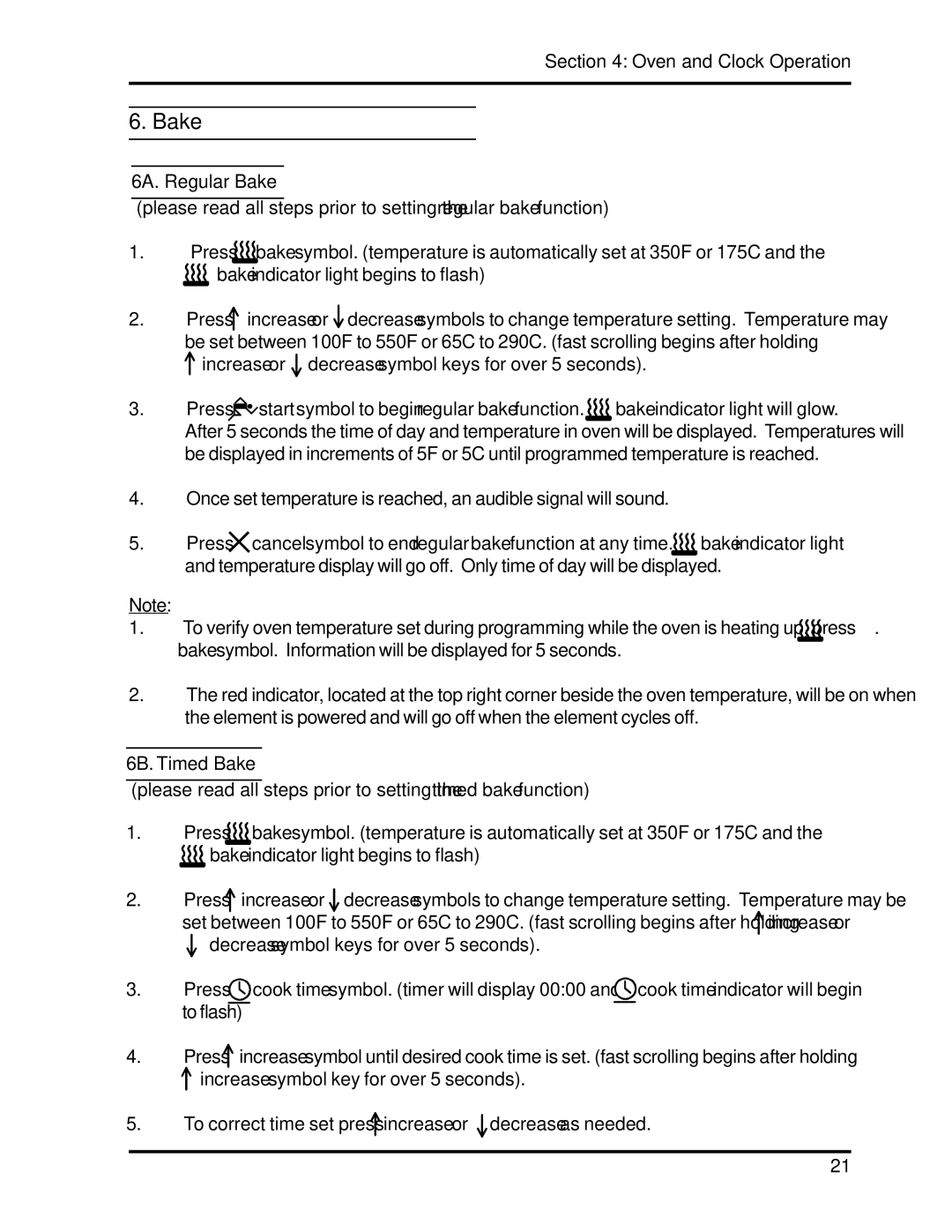 Heartland 3630, 3530 installation and operation guide 6A. Regular Bake, 6B. Timed Bake 