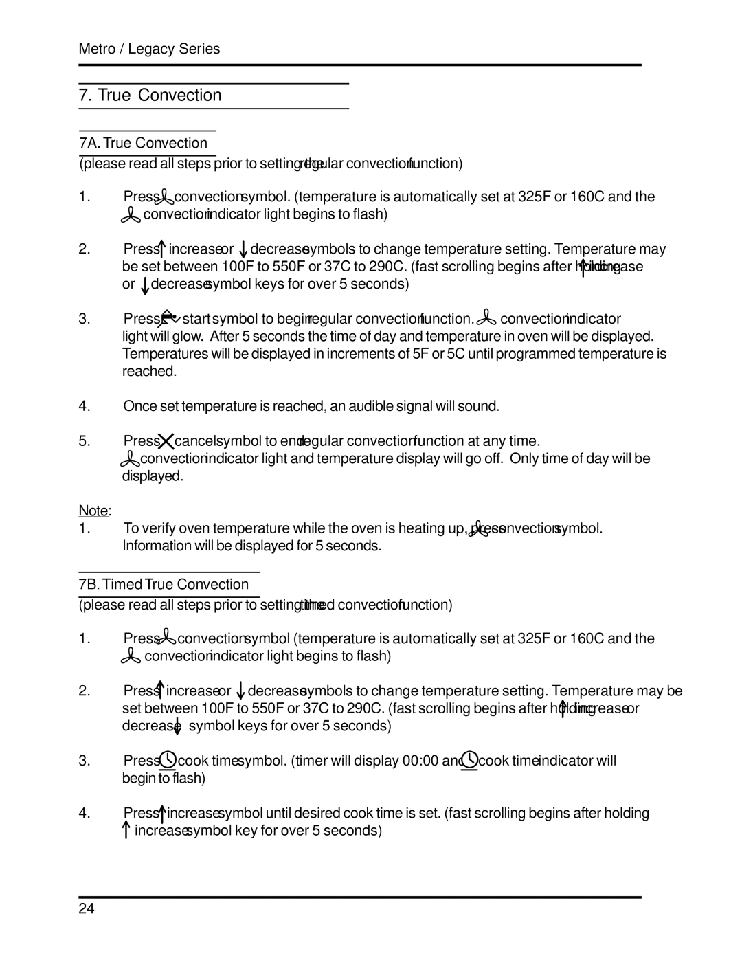 Heartland 3530, 3630 installation and operation guide 7A. True Convection, 7B. Timed True Convection 