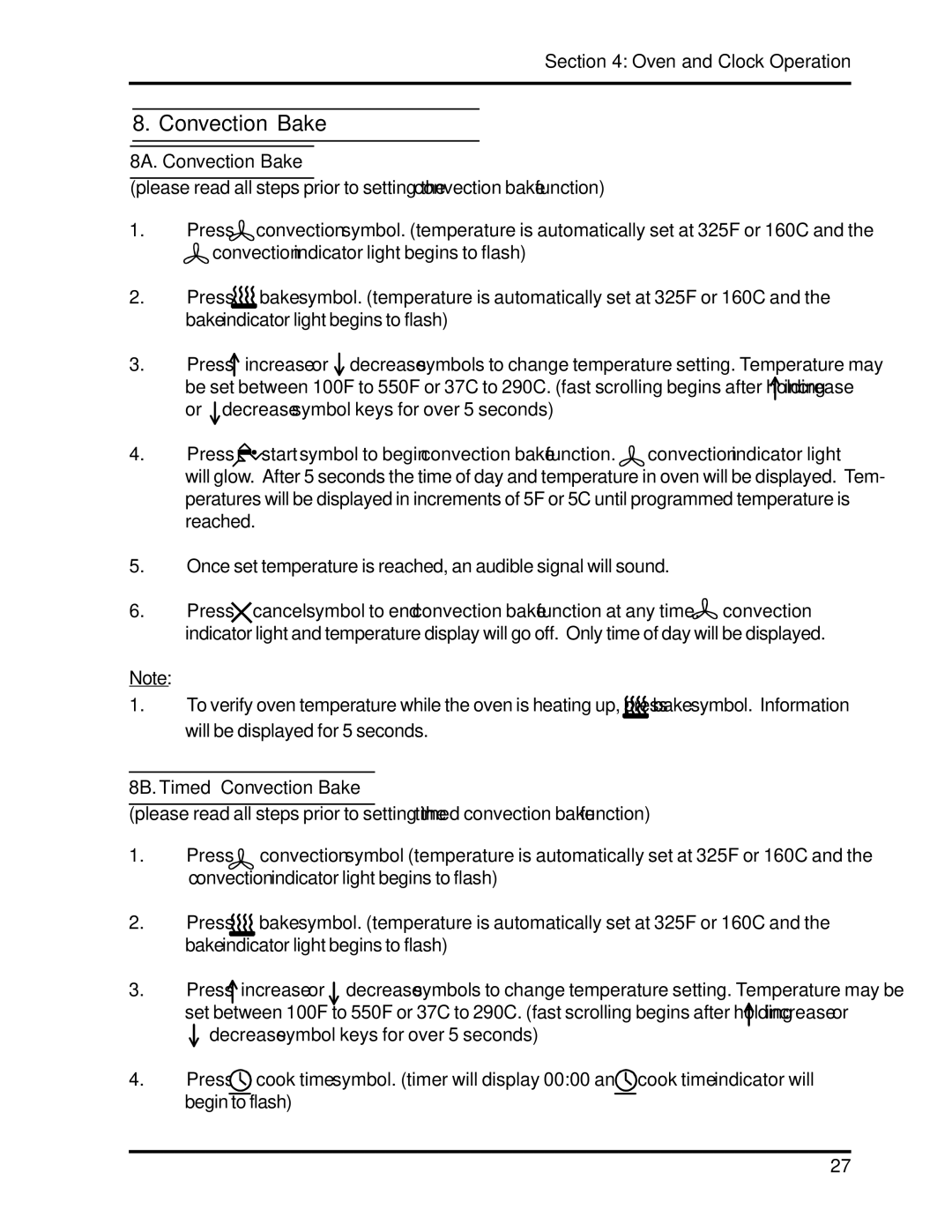 Heartland 3630, 3530 installation and operation guide 8A. Convection Bake, 8B. Timed Convection Bake 