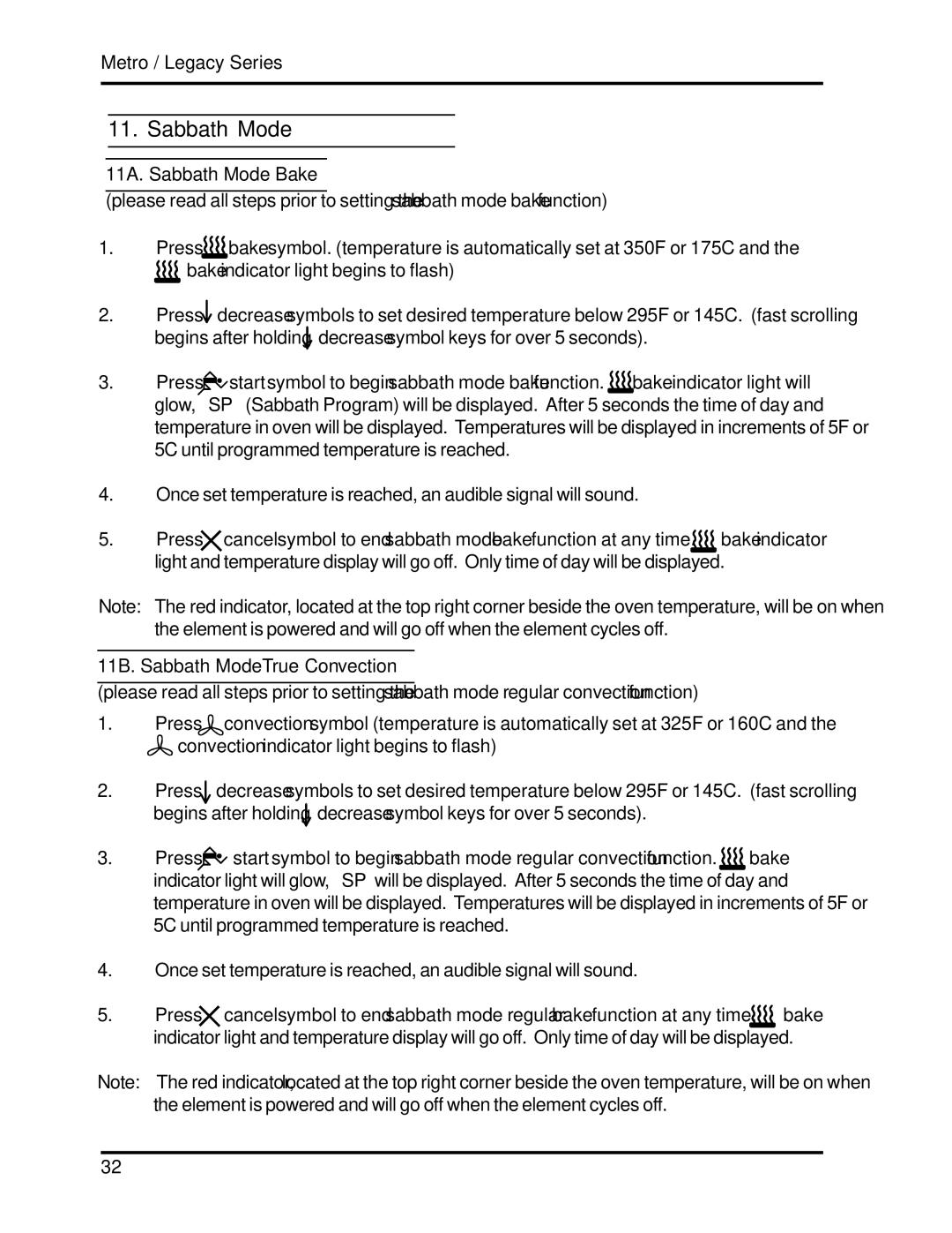 Heartland 3530, 3630 installation and operation guide 11A. Sabbath Mode Bake, 11B. Sabbath ModeTrue Convection 