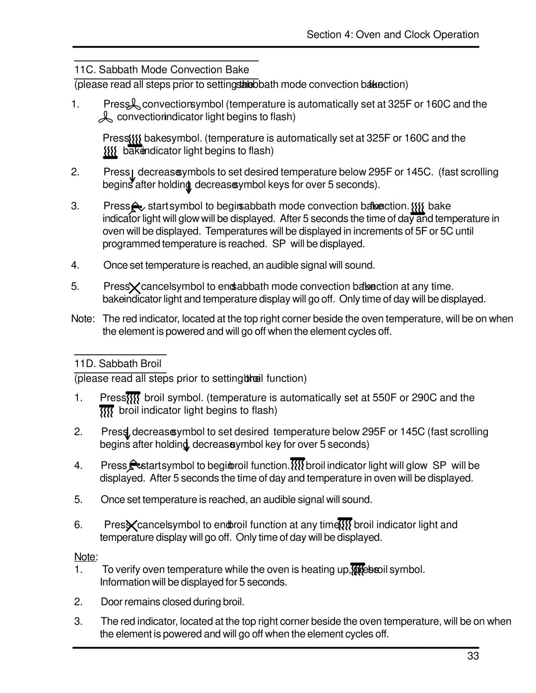 Heartland 3630, 3530 installation and operation guide 11C. Sabbath Mode Convection Bake, 11D. Sabbath Broil 