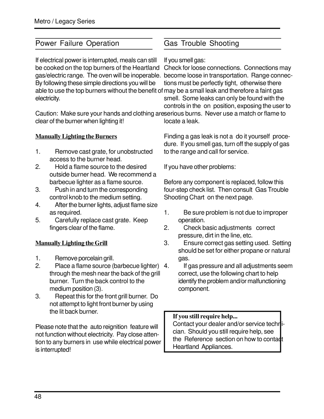 Heartland 3530 Power Failure Operation, Gas Trouble Shooting, Manually Lighting the Burners, Manually Lighting the Grill 