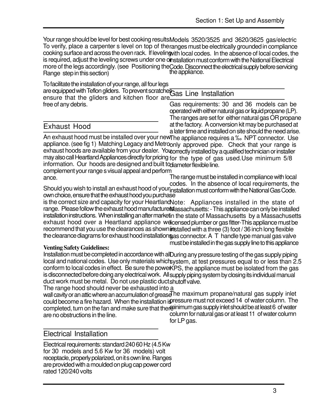 Heartland 3630, 3530 Exhaust Hood, Electrical Installation, Gas Line Installation, Venting Safety Guidelines 